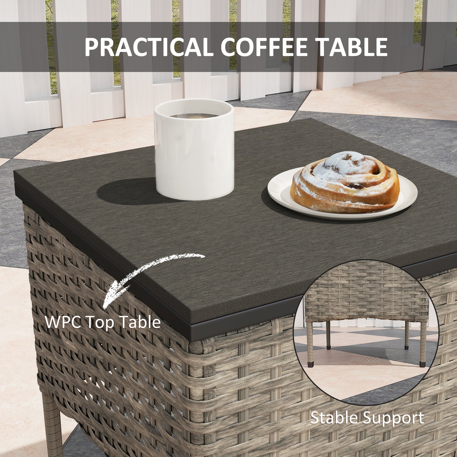Outsunny 3 Piece Wicker Patio Furniture Set, Outdoor PE Rattan Rocking Chairs with Coffee Table, Cushions for Porch, Gray