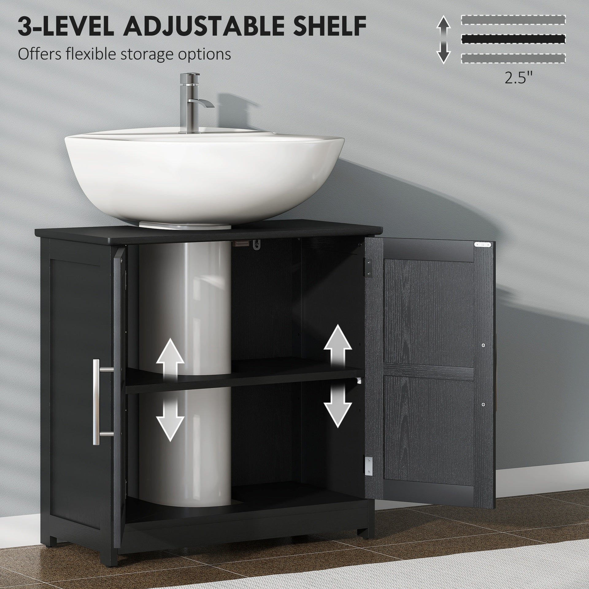 HOMCOM Farmhouse Pedestal Sink Storage Cabinet, Bathroom Sink Cabinet with 2 Barn Doors and Adjustable Shelf, Distressed Black