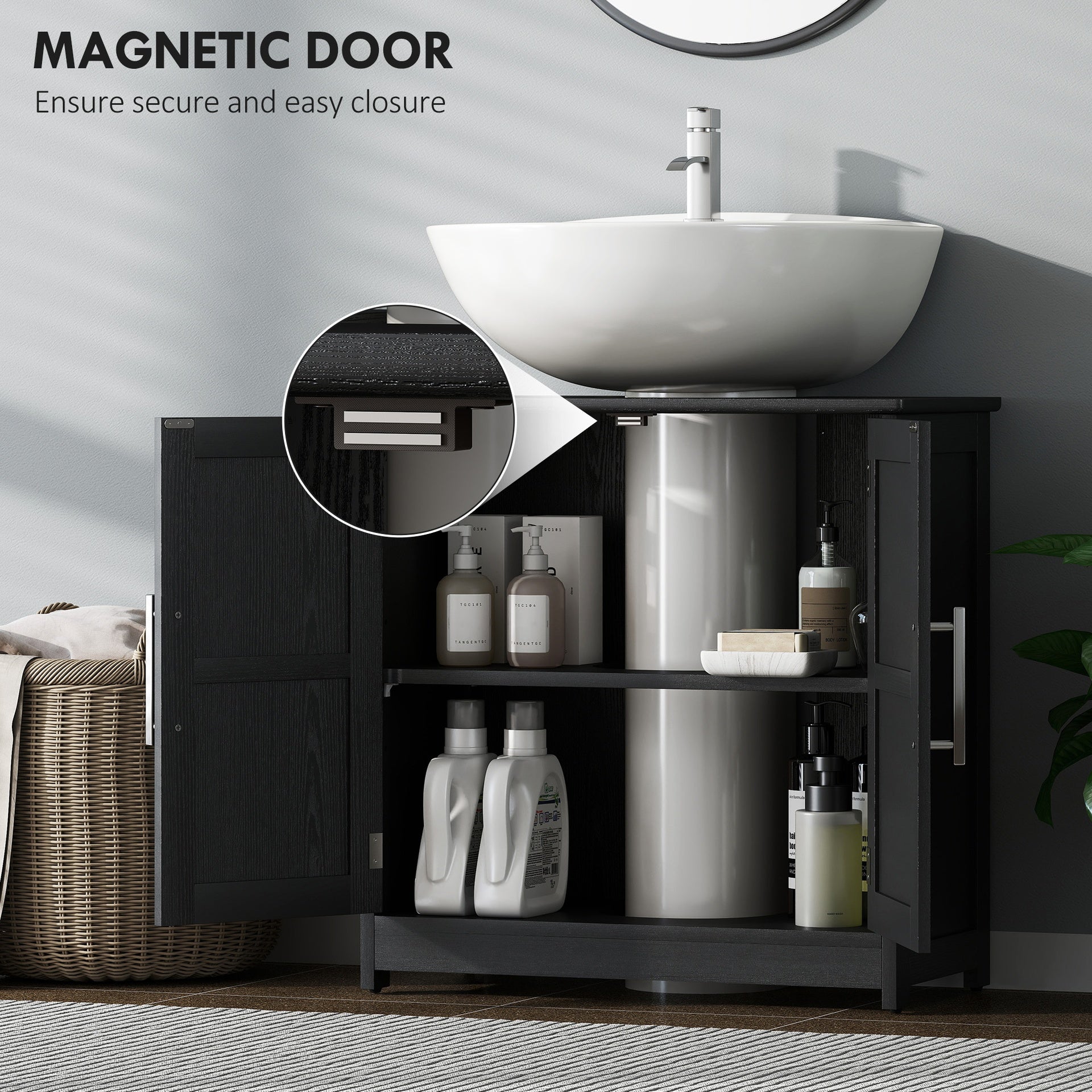 HOMCOM Farmhouse Pedestal Sink Storage Cabinet, Bathroom Sink Cabinet with 2 Barn Doors and Adjustable Shelf, Distressed Black