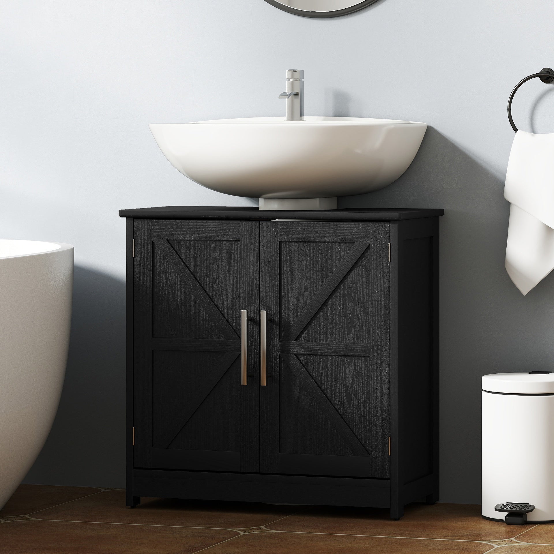 HOMCOM Farmhouse Pedestal Sink Storage Cabinet, Bathroom Sink Cabinet with 2 Barn Doors and Adjustable Shelf, Distressed Black
