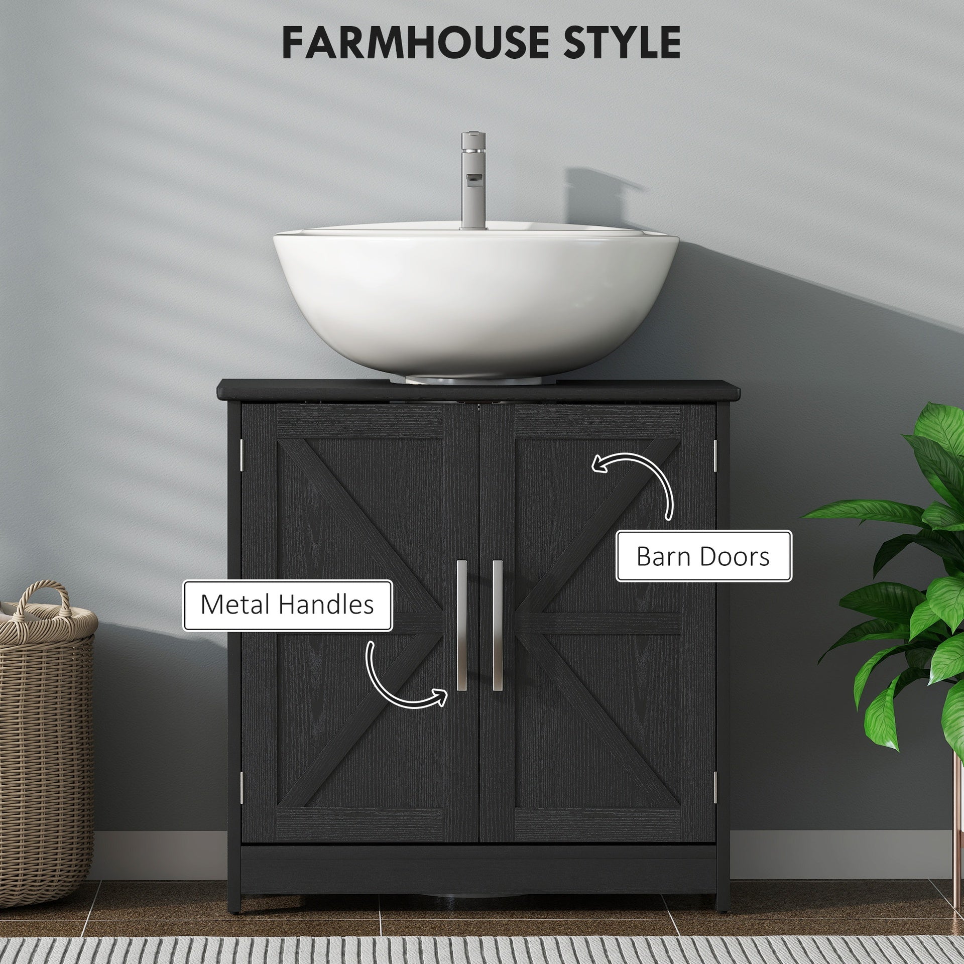 HOMCOM Farmhouse Pedestal Sink Storage Cabinet, Bathroom Sink Cabinet with 2 Barn Doors and Adjustable Shelf, Distressed Black