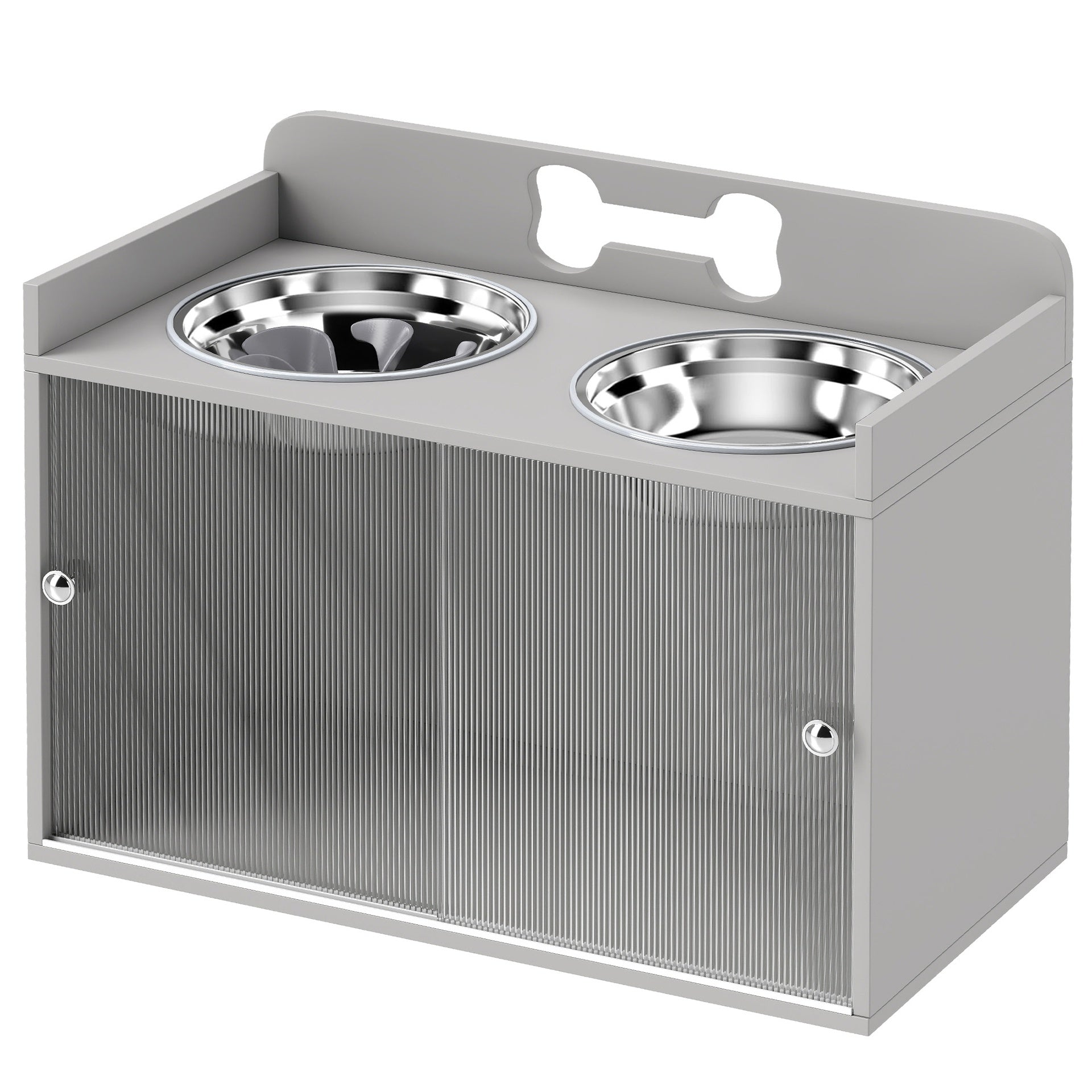 PawHut Elevated Dog Bowls with Storage, Raised Dog Bowl Stand with 2 Stainless Steel Bowl for Large Dogs, Gray