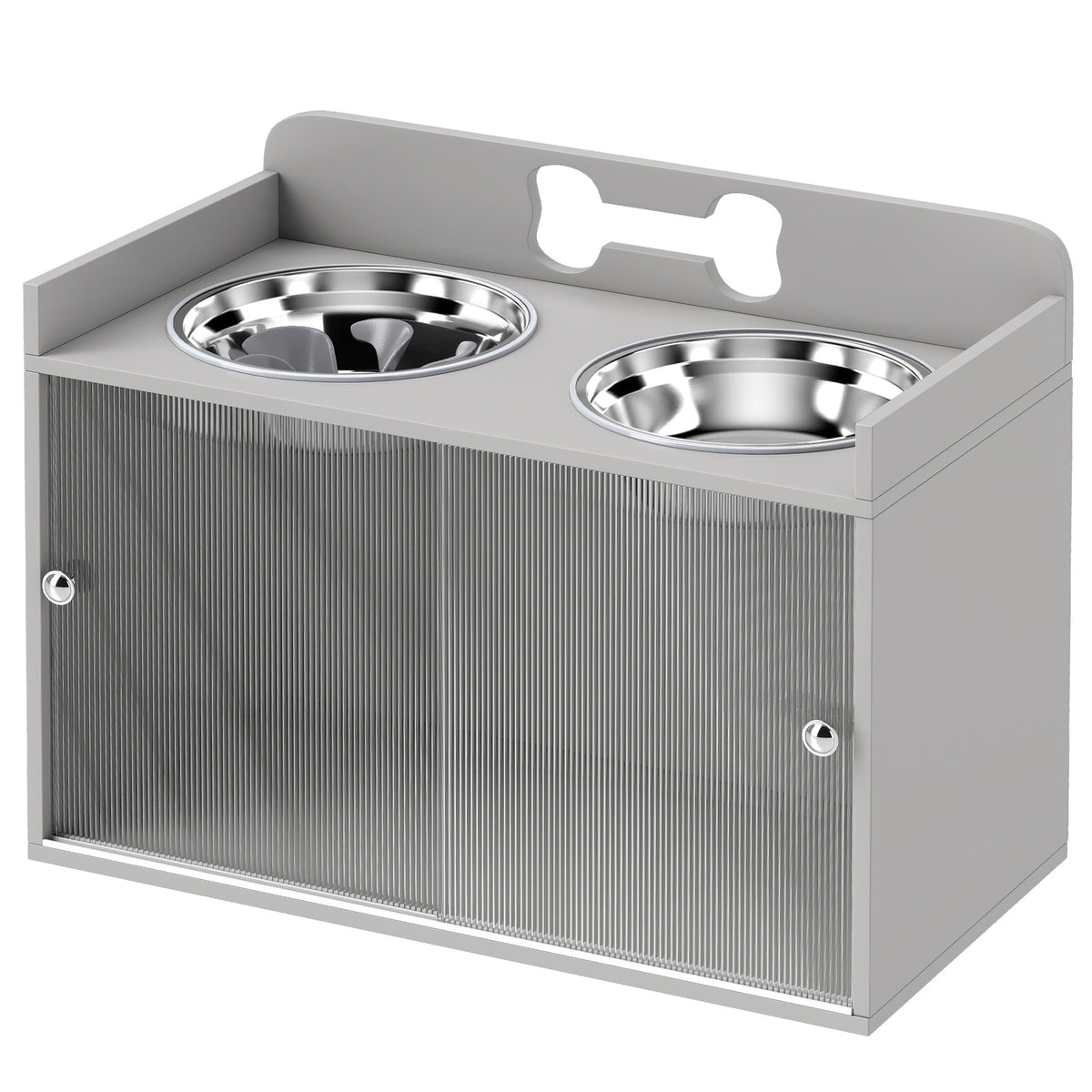 PawHut Elevated Dog Bowls with Storage, Raised Dog Bowl Stand with 2 Stainless Steel Bowl for Large Dogs, Gray