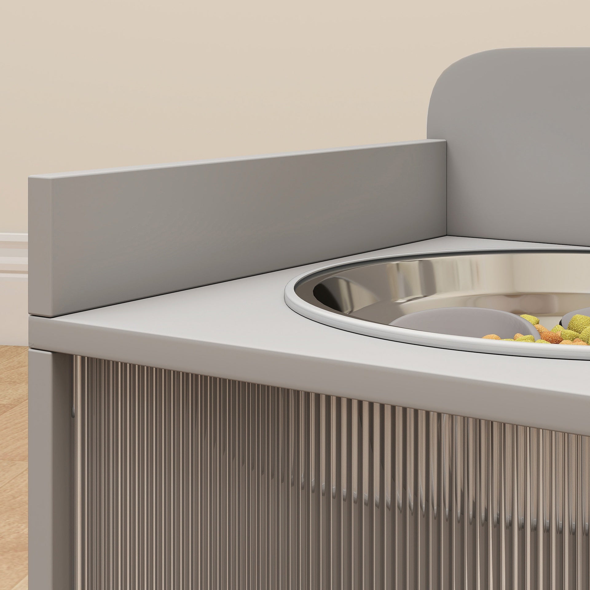 PawHut Elevated Dog Bowls with Storage, Raised Dog Bowl Stand with 2 Stainless Steel Bowl for Large Dogs, Gray