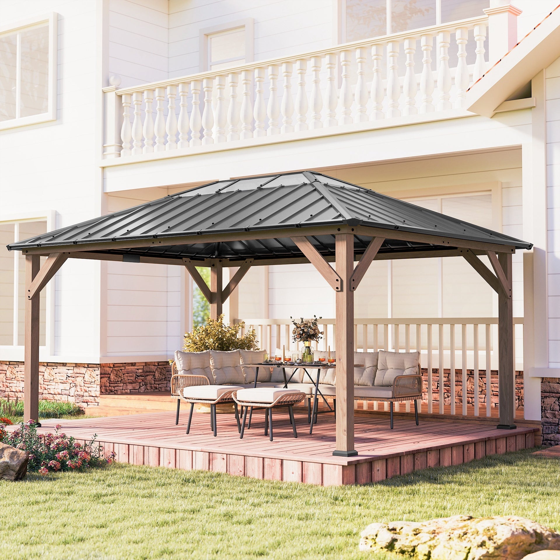 Outsunny 12' x 16' Hardtop Gazebo with Galvanized Steel Roof, UPF50+ Wood Permanent Pavilion with Clear Roof Top, Light Walnut