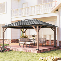 Outsunny 12' x 16' Hardtop Gazebo with Galvanized Steel Roof, UPF50+ Wood Permanent Pavilion with Clear Roof Top, Light Walnut