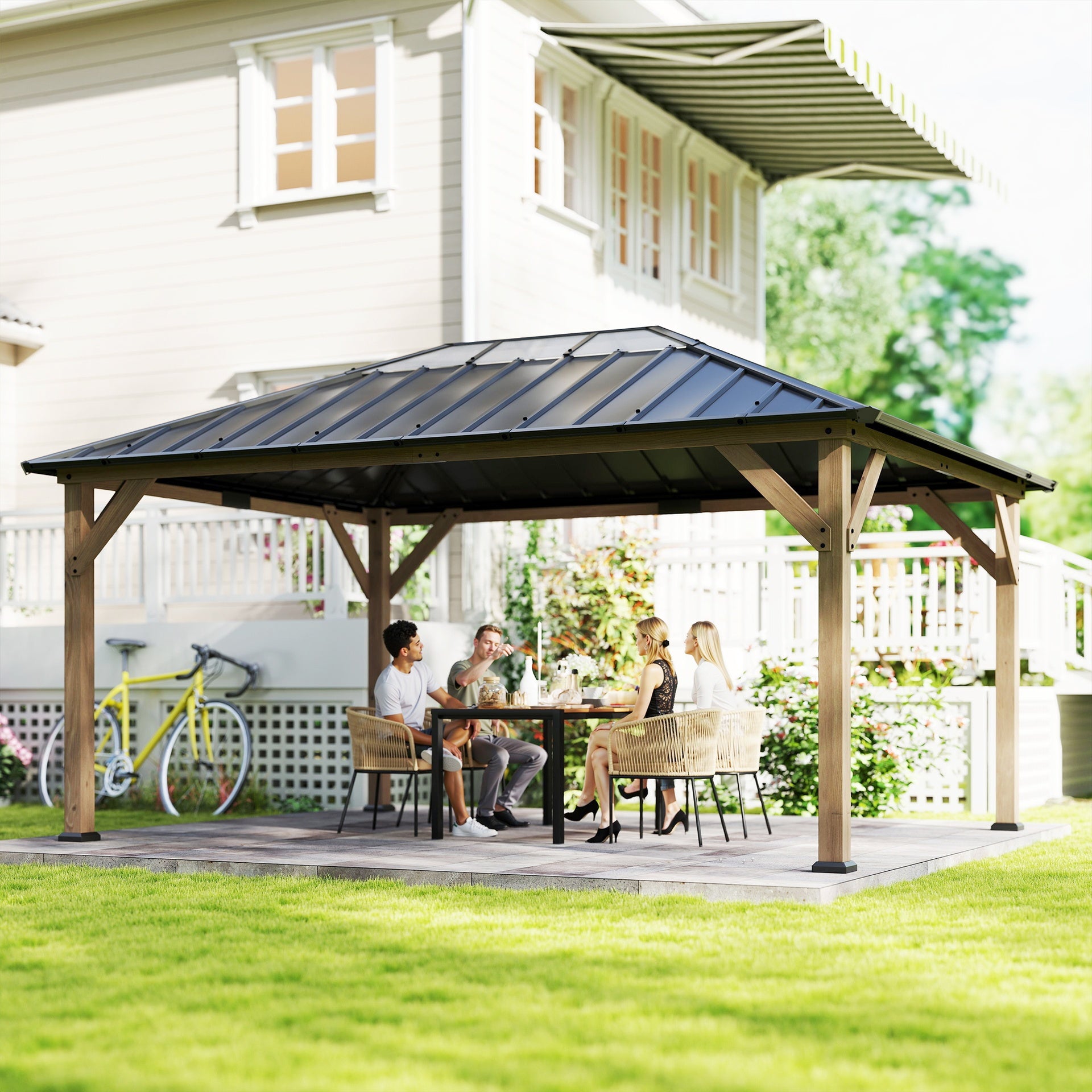 Outsunny 12' x 16' Hardtop Gazebo with Galvanized Steel Roof, UPF50+ Wood Permanent Pavilion with Clear Roof Top, Light Walnut