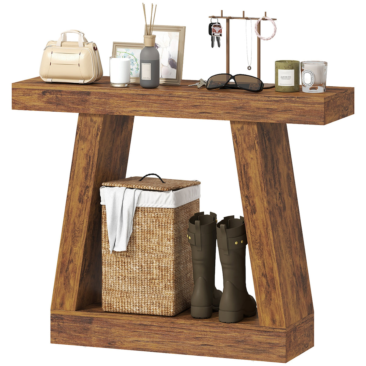 HOMCOM 42" Farmhouse Console Table, 2-Tier Entryway Table with Storage for Hallway, Living Room, Behind Couch, Rustic Brown
