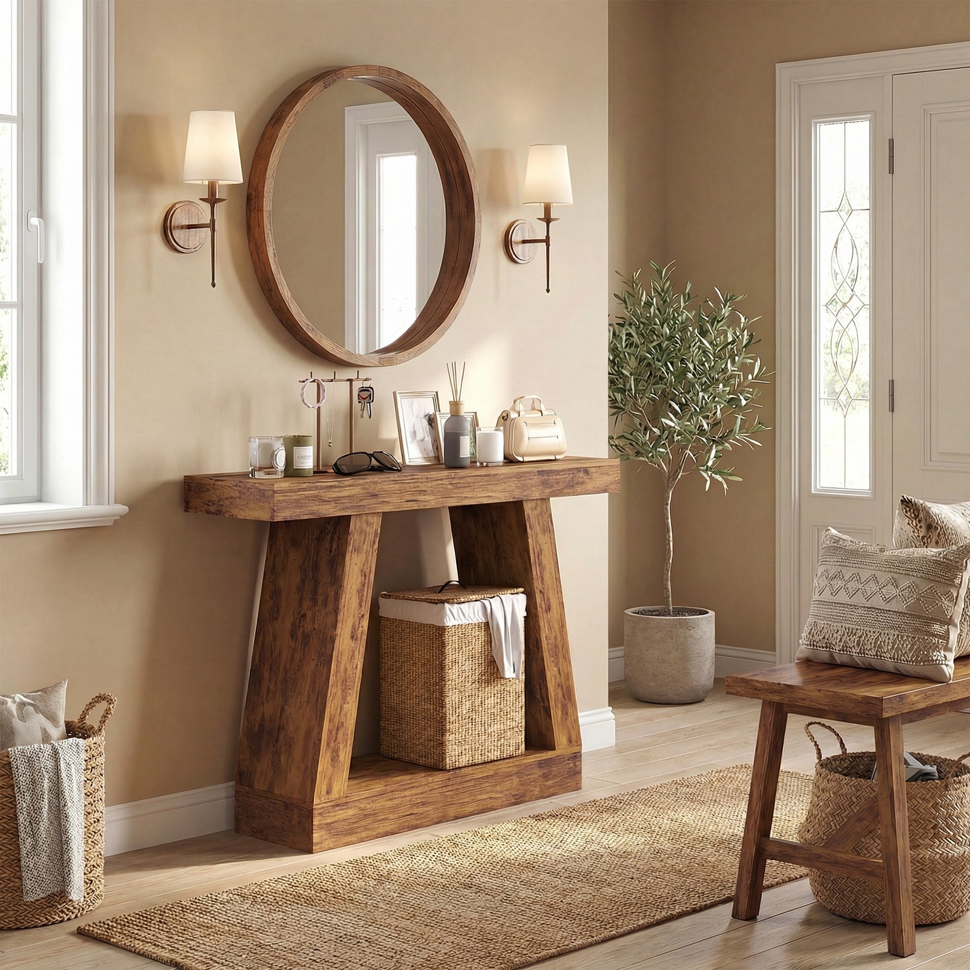 HOMCOM 42" Farmhouse Console Table, 2-Tier Entryway Table with Storage for Hallway, Living Room, Behind Couch, Rustic Brown