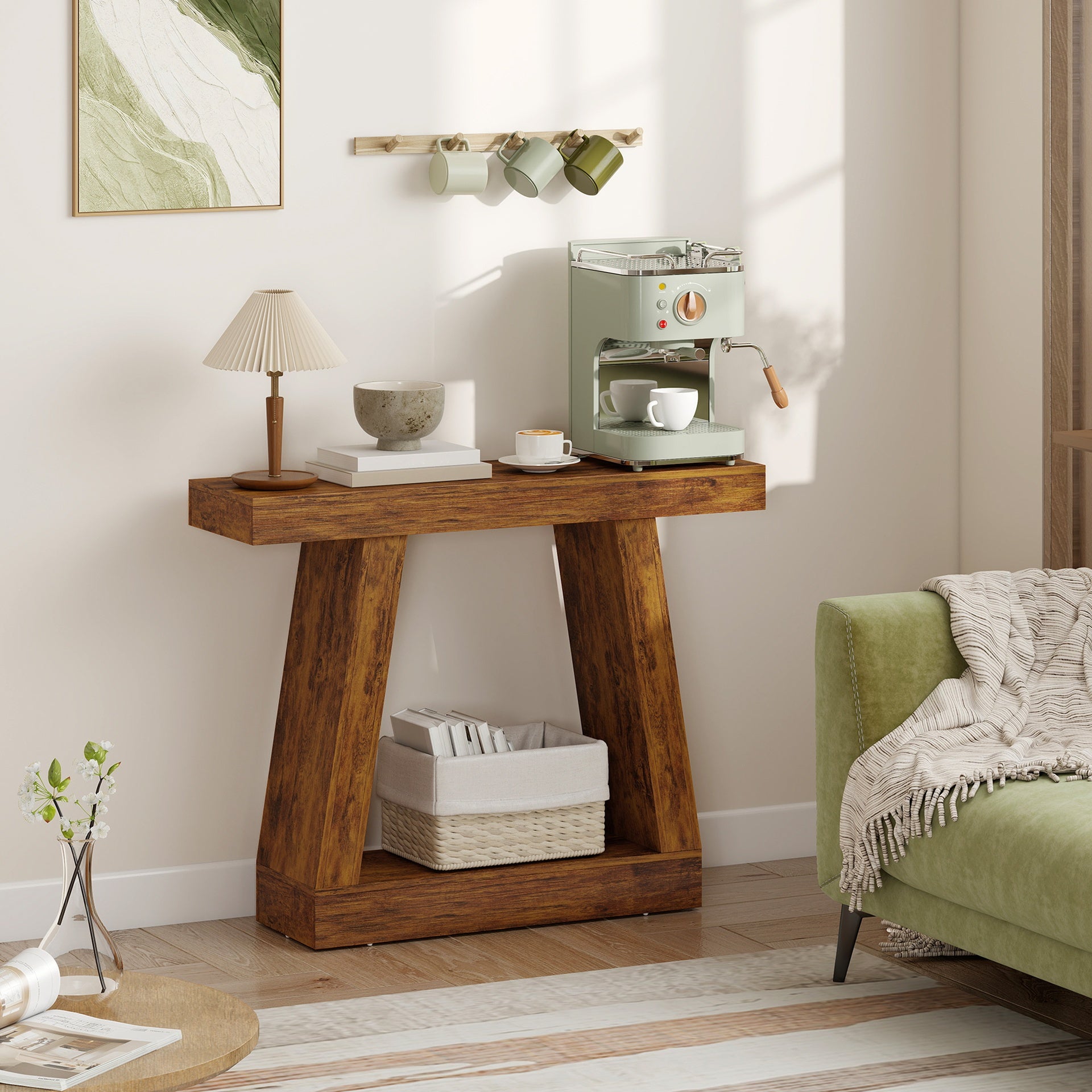 HOMCOM 42" Farmhouse Console Table, 2-Tier Entryway Table with Storage for Hallway, Living Room, Behind Couch, Rustic Brown