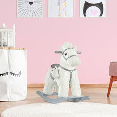 Qaba Kids Rocking Horse with Bear Toy, Plush Animal Rocker with Fun Realistic Sounds for Toddler 18-36 Months, White