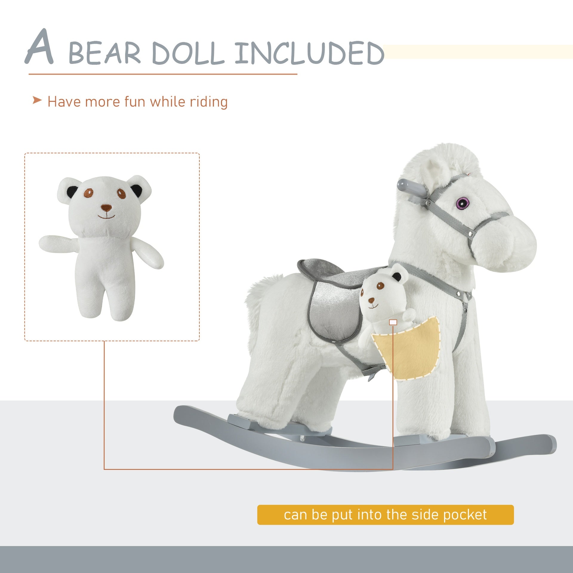 Qaba Kids Rocking Horse with Bear Toy, Plush Animal Rocker with Fun Realistic Sounds for Toddler 18-36 Months, White