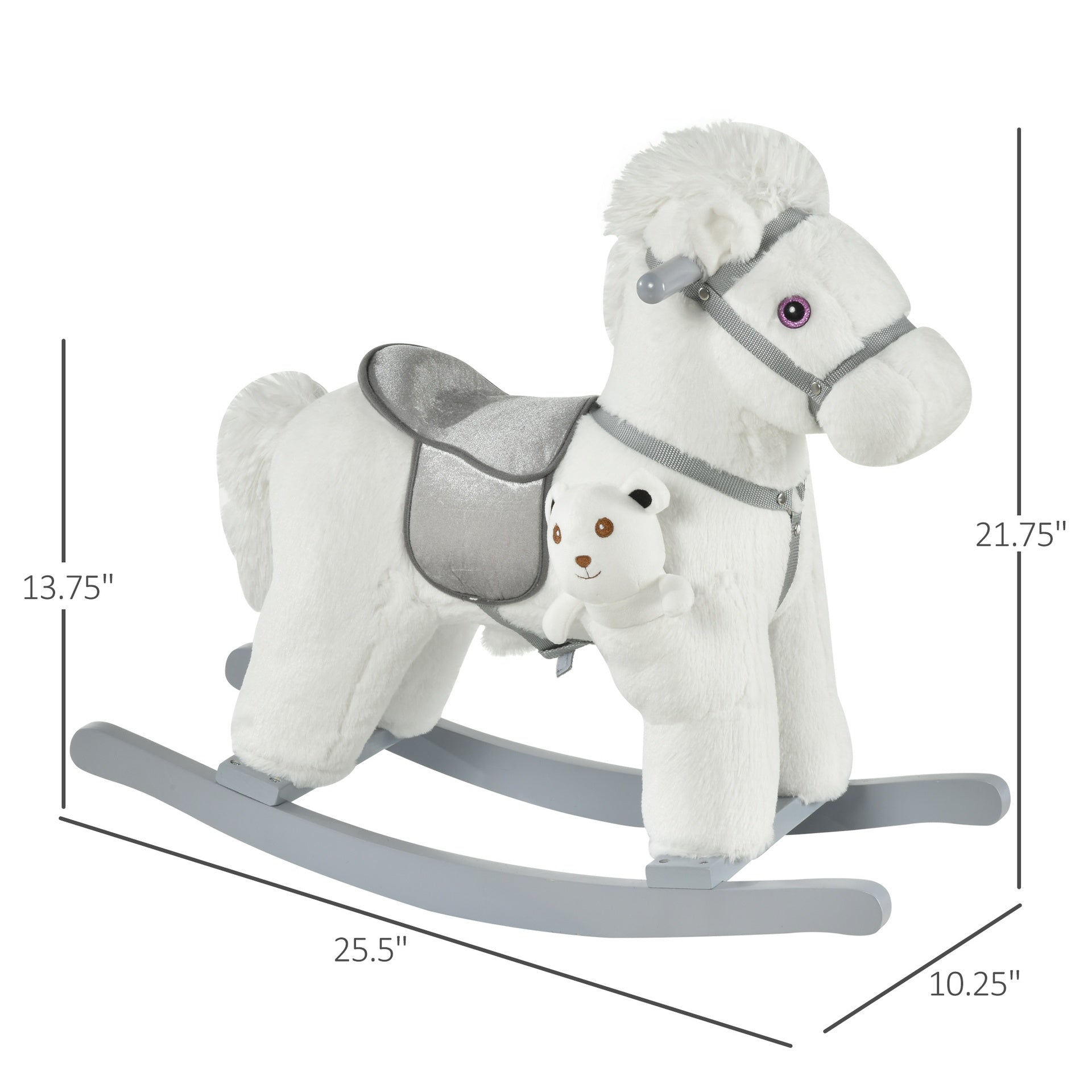 Qaba Kids Rocking Horse with Bear Toy, Plush Animal Rocker with Fun Realistic Sounds for Toddler 18-36 Months, White