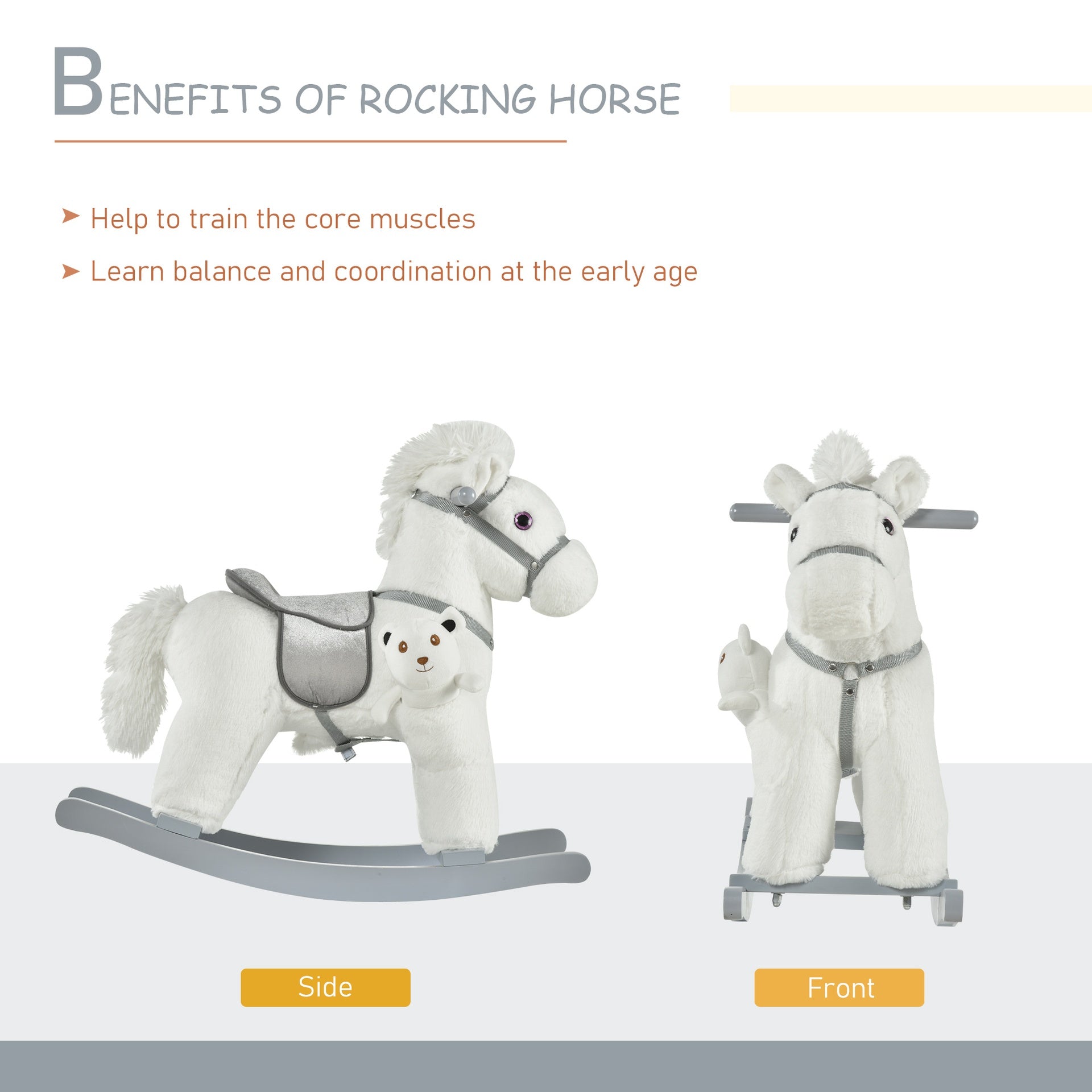Qaba Kids Rocking Horse with Bear Toy, Plush Animal Rocker with Fun Realistic Sounds for Toddler 18-36 Months, White
