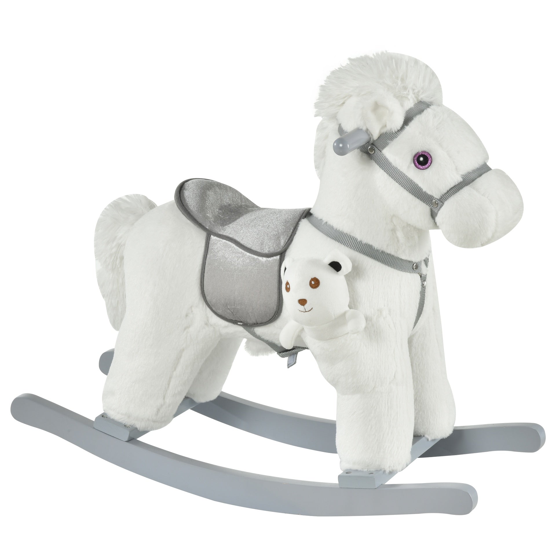 Qaba Kids Rocking Horse with Bear Toy, Plush Animal Rocker with Fun Realistic Sounds for Toddler 18-36 Months, White