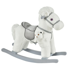 Qaba Kids Rocking Horse with Bear Toy, Plush Animal Rocker with Fun Realistic Sounds for Toddler 18-36 Months, White
