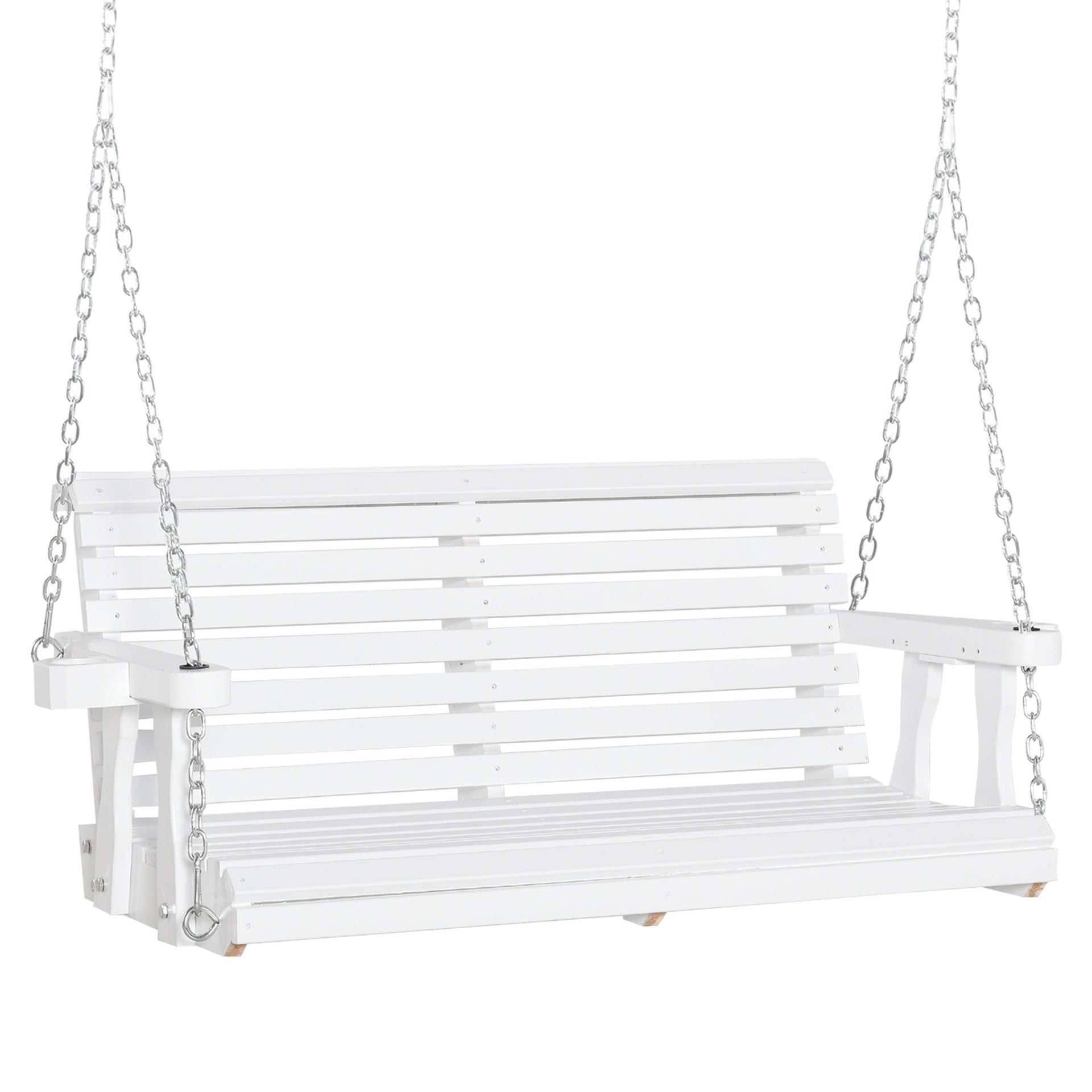Outsunny 46" 2-Person Porch Swing Wooden Patio Swing Bench with Cup Holders, Slatted Design, Chains, 440lb Weight Capacity, White