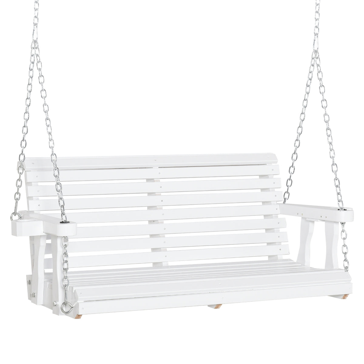 Outsunny 46" 2-Person Porch Swing Wooden Patio Swing Bench with Cup Holders, Slatted Design, Chains, 440lb Weight Capacity, White