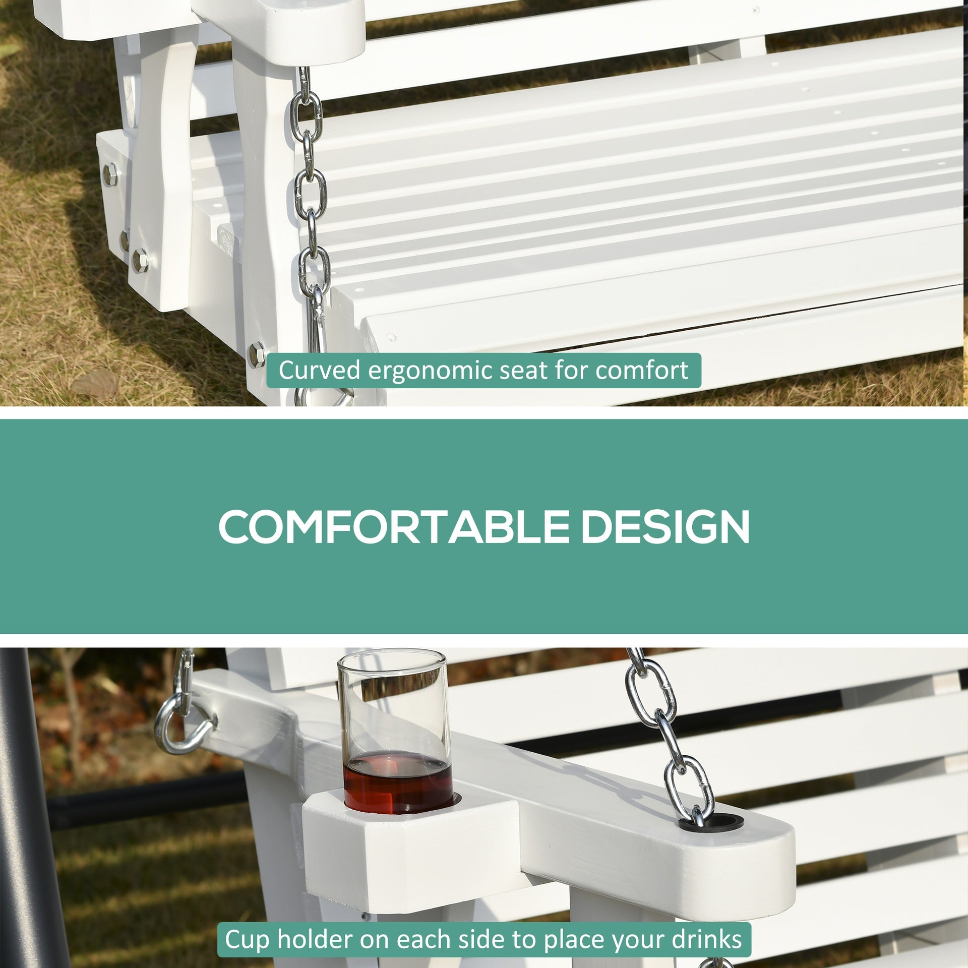 Outsunny 46" 2-Person Porch Swing Wooden Patio Swing Bench with Cup Holders, Slatted Design, Chains, 440lb Weight Capacity, White