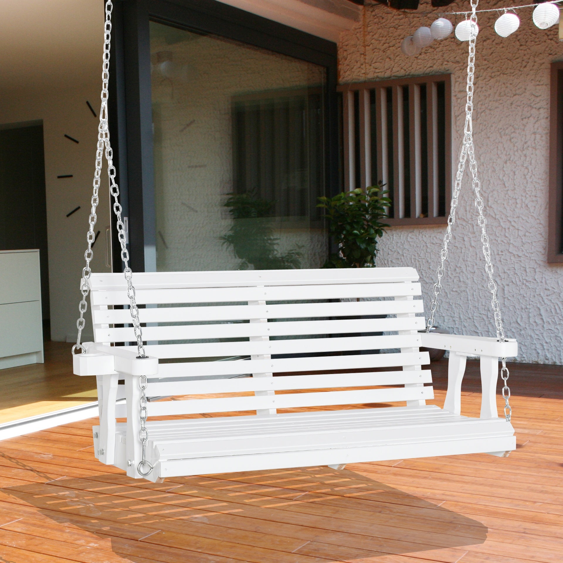 Outsunny 46" 2-Person Porch Swing Wooden Patio Swing Bench with Cup Holders, Slatted Design, Chains, 440lb Weight Capacity, White
