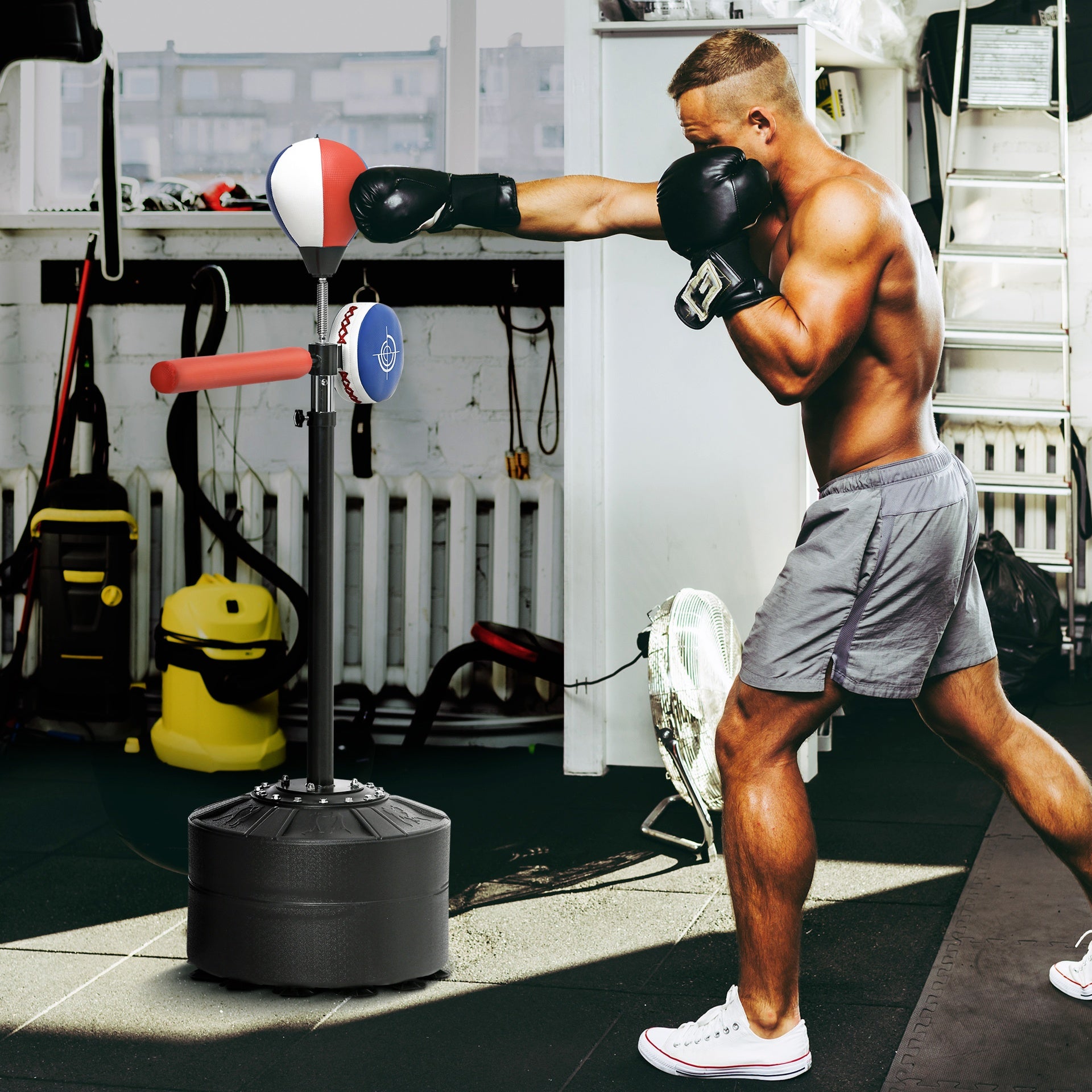 Soozier Free Standing Boxing Bag with Stand, Punching Speed Bag Reaction Bar Challenge with Suction Cups, 64-81in Adjustable Height for Teenagers and Adults, Multi