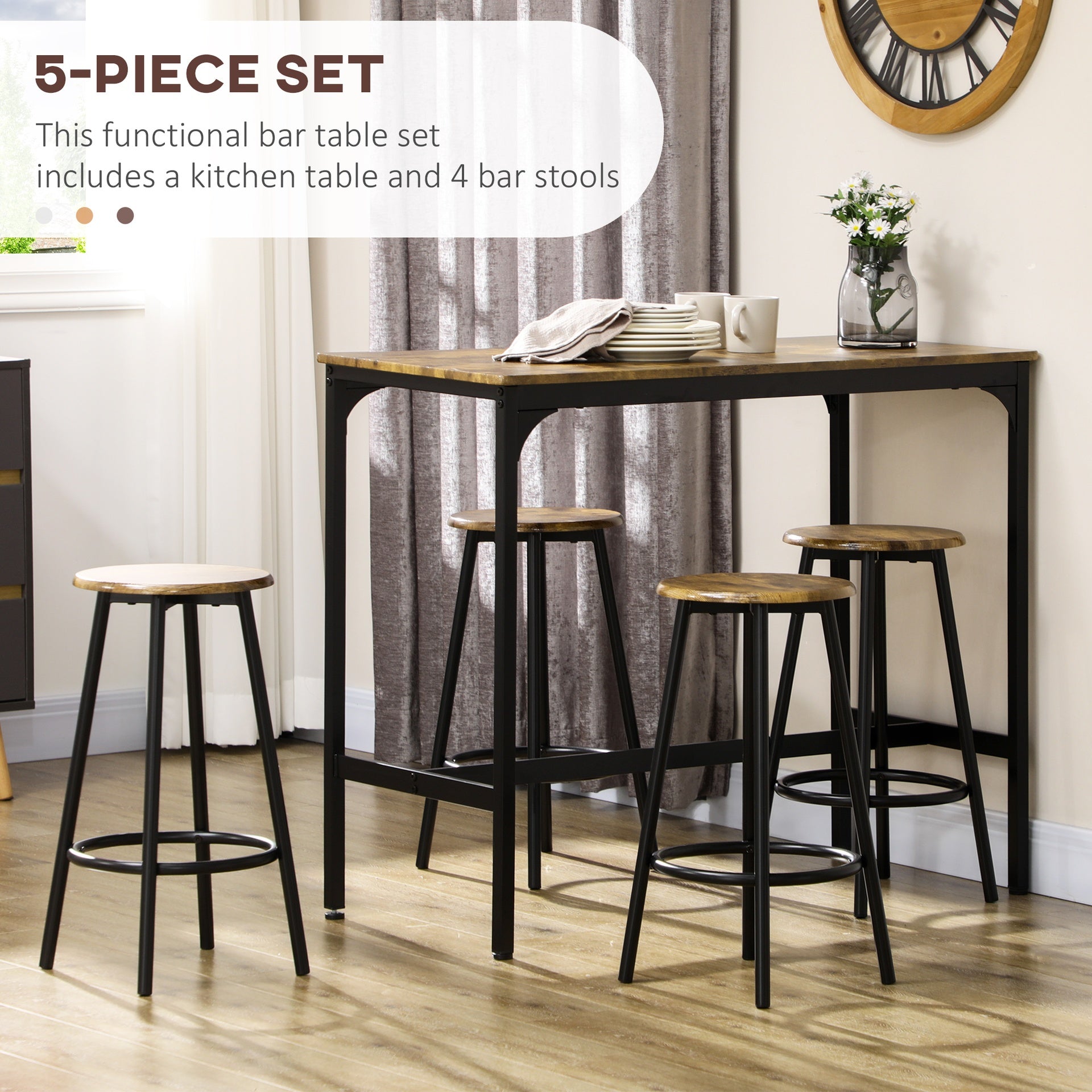 HOMCOM 5-Piece Counter Height Bar Table and Chairs Set, Bar Table with Stools, Kitchen Table 4 Chairs, Rustic Brown
