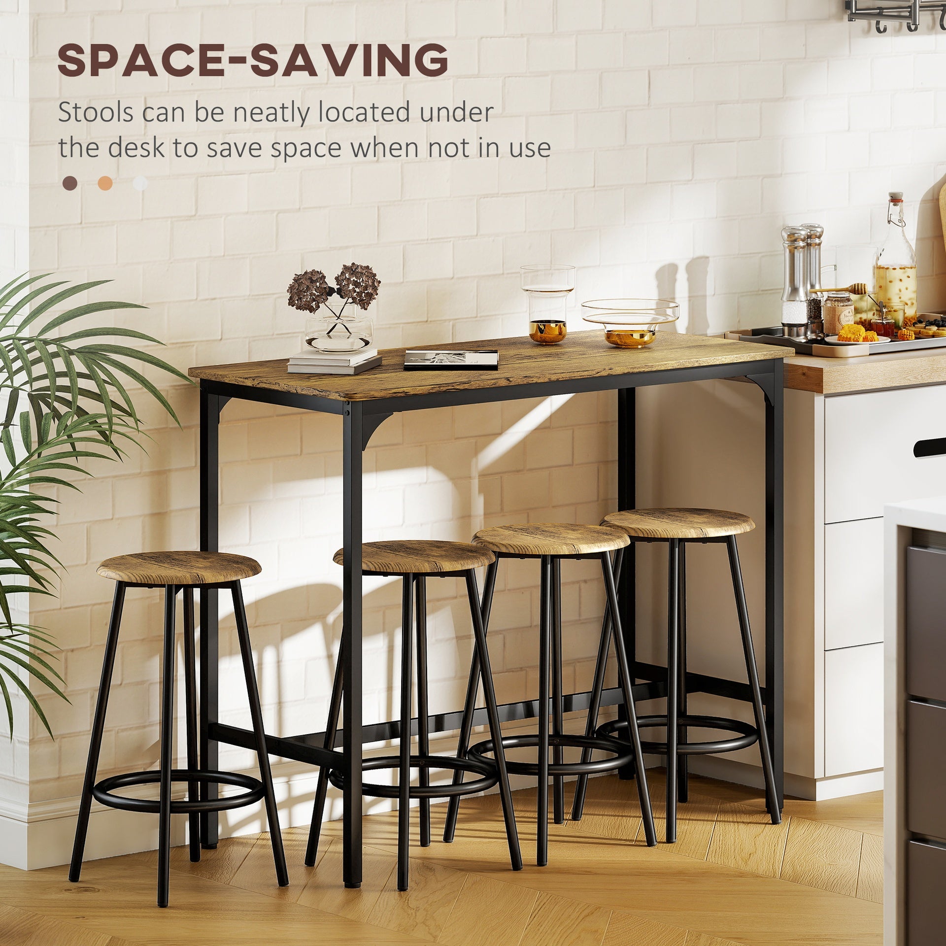 HOMCOM 5-Piece Counter Height Bar Table and Chairs Set, Bar Table with Stools, Kitchen Table 4 Chairs, Rustic Brown