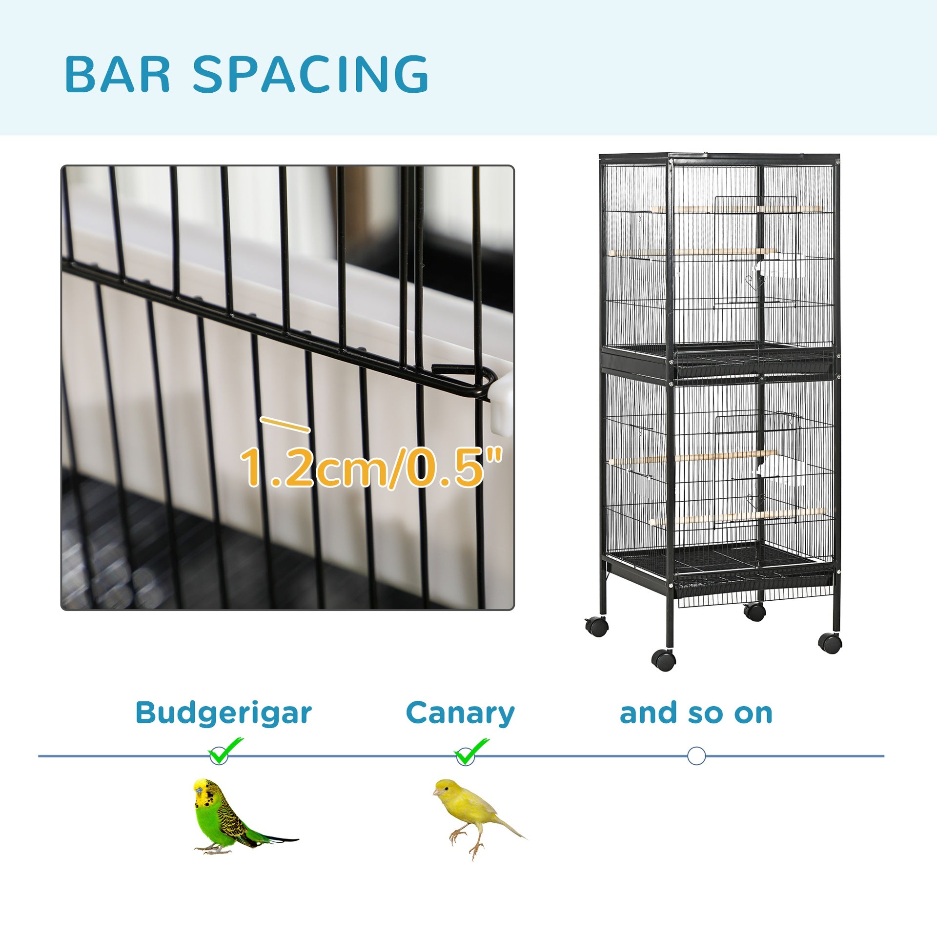 PawHut 55" 2 In 1 Bird Cage Aviary Parakeet House for finches, budgies with Wheels, Black