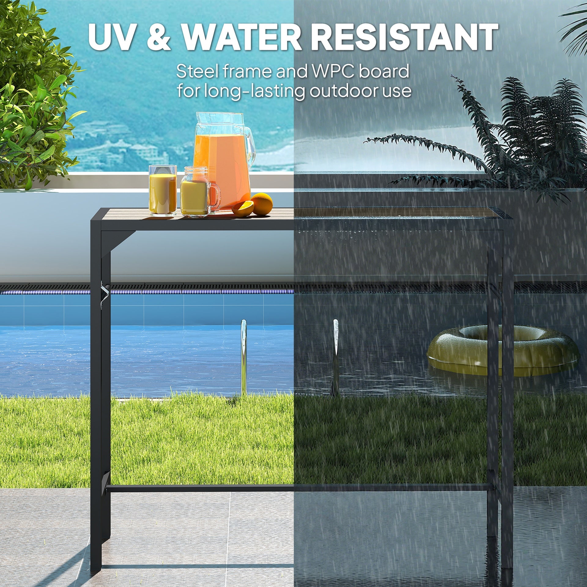 Outsunny Outdoor Bar Table, Bar Height Patio Bar Table w/ Built-In Bottle Opener, Plastic Top with Wood Grain, 47.25" x 15" x 39"