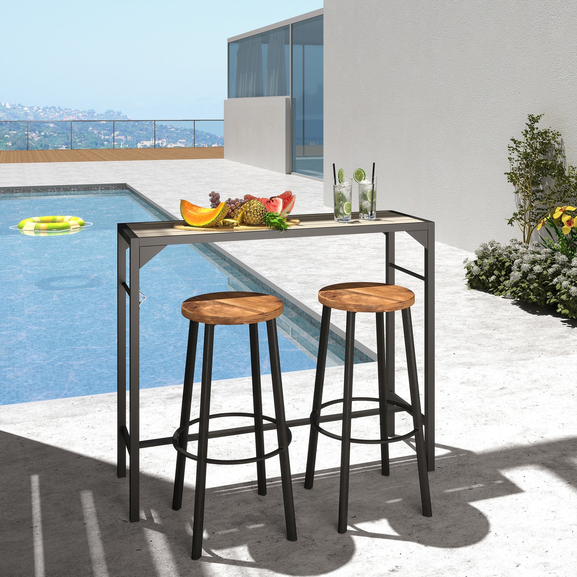 Outsunny Outdoor Bar Table, Bar Height Patio Bar Table w/ Built-In Bottle Opener, Plastic Top with Wood Grain, 47.25" x 15" x 39"