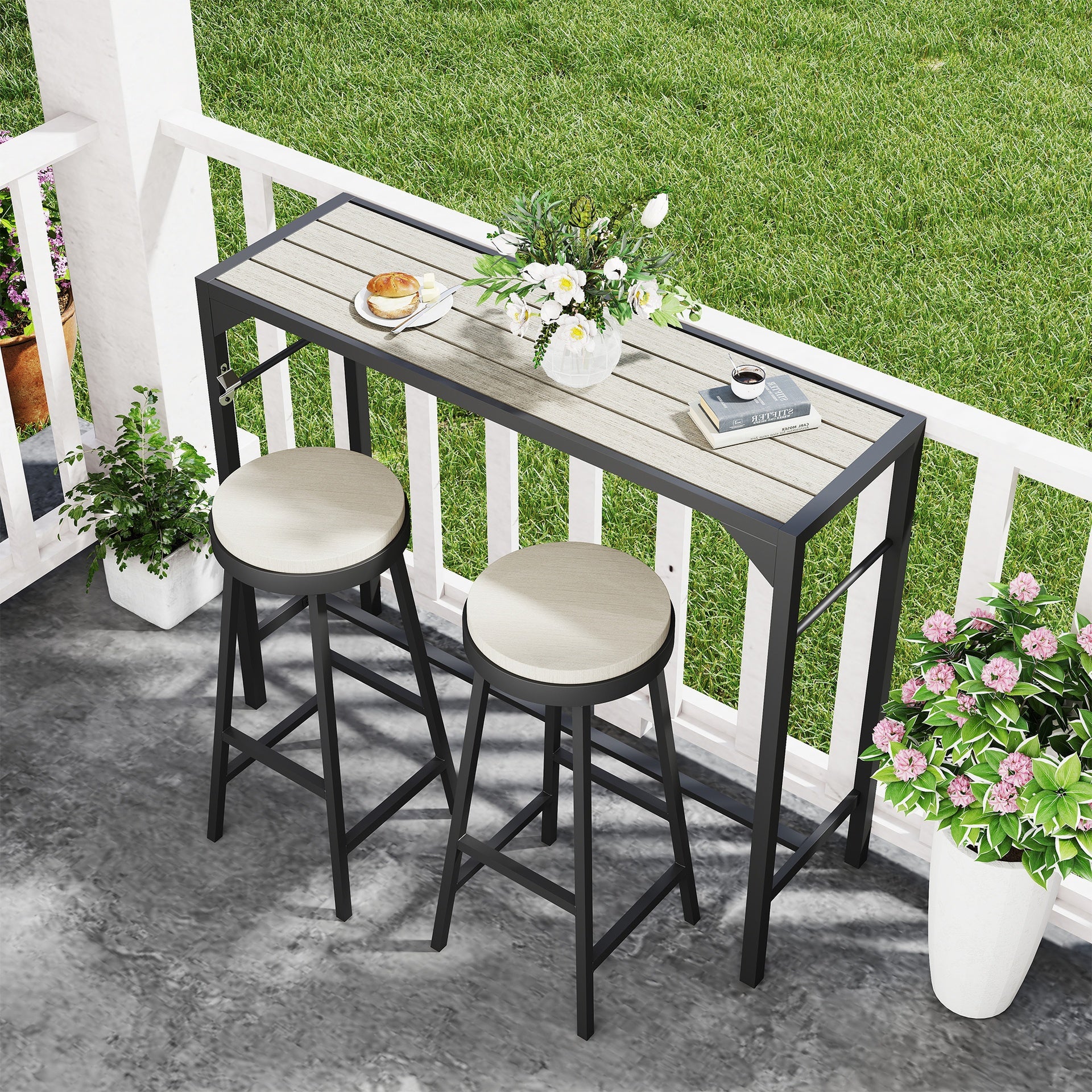 Outsunny Outdoor Bar Table, Bar Height Patio Bar Table w/ Built-In Bottle Opener, Plastic Top with Wood Grain, 47.25" x 15" x 39"