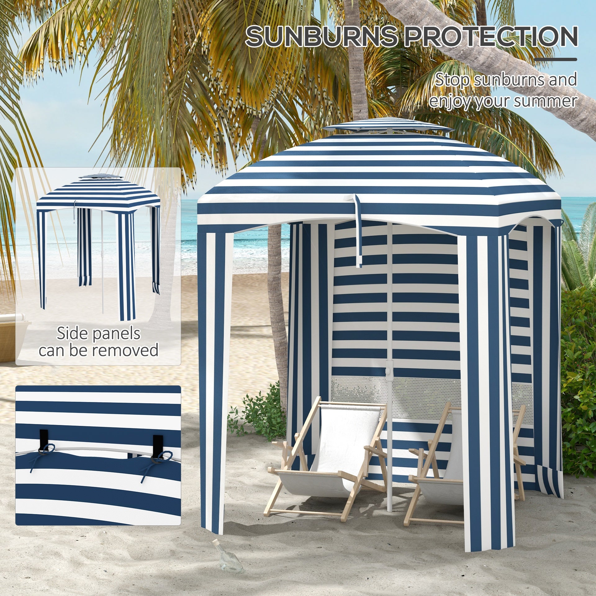 Outsunny 5.8' x 5.8' Cabana Umbrella for Travel, Walls, Vents, Ruffles, Carry Bag, Beach Umbrella, Blue & White Stripe
