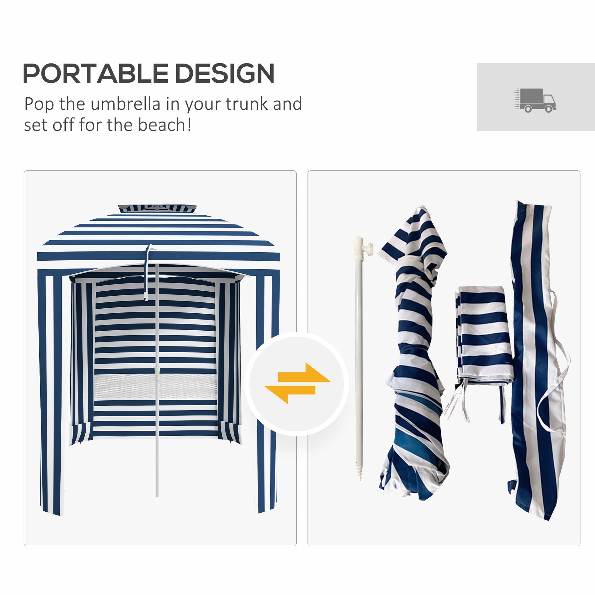 Outsunny 5.8' x 5.8' Cabana Umbrella for Travel, Walls, Vents, Ruffles, Carry Bag, Beach Umbrella, Blue & White Stripe