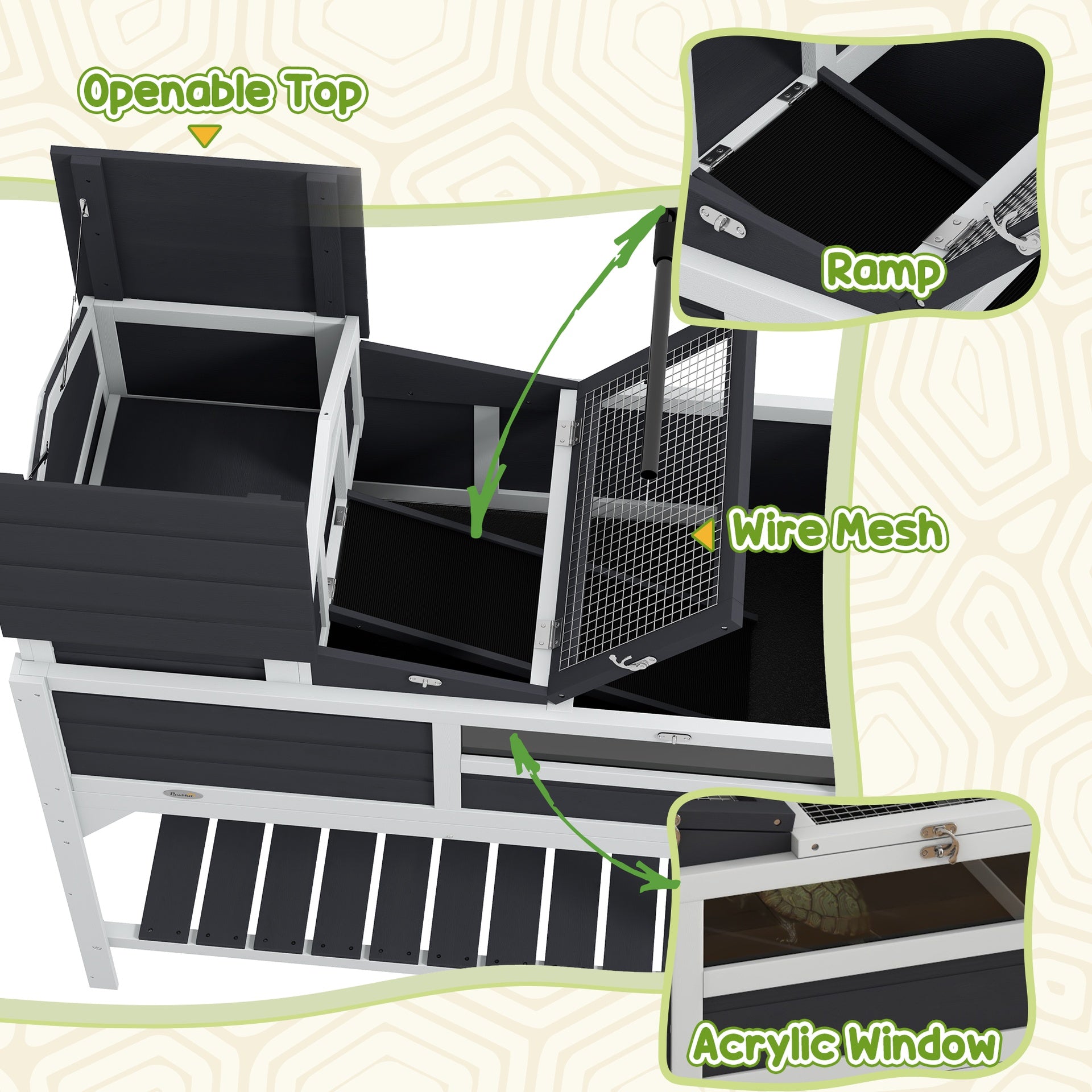 PawHut Tortoise Enclosure Tortoise House w/ Adjustable Lamp Holder, Storage Shelf, Removable Main House, Openable Lid, Gray