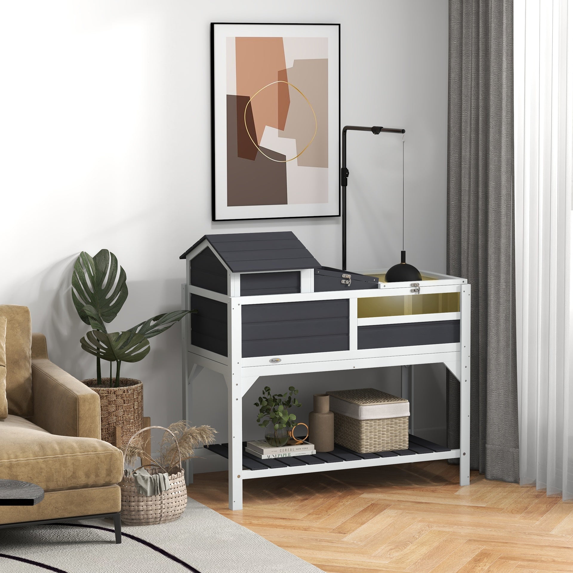 PawHut Tortoise Enclosure Tortoise House w/ Adjustable Lamp Holder, Storage Shelf, Removable Main House, Openable Lid, Gray