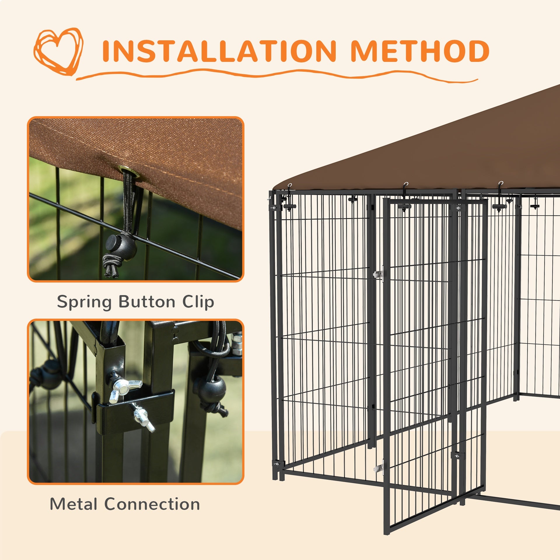 PawHut 6.9' x 6.9' x 5' Outdoor Dog Kennel with Canopy Garden Playpen Fence Crate Enclosure Cage Rotating Bowl, Coffee