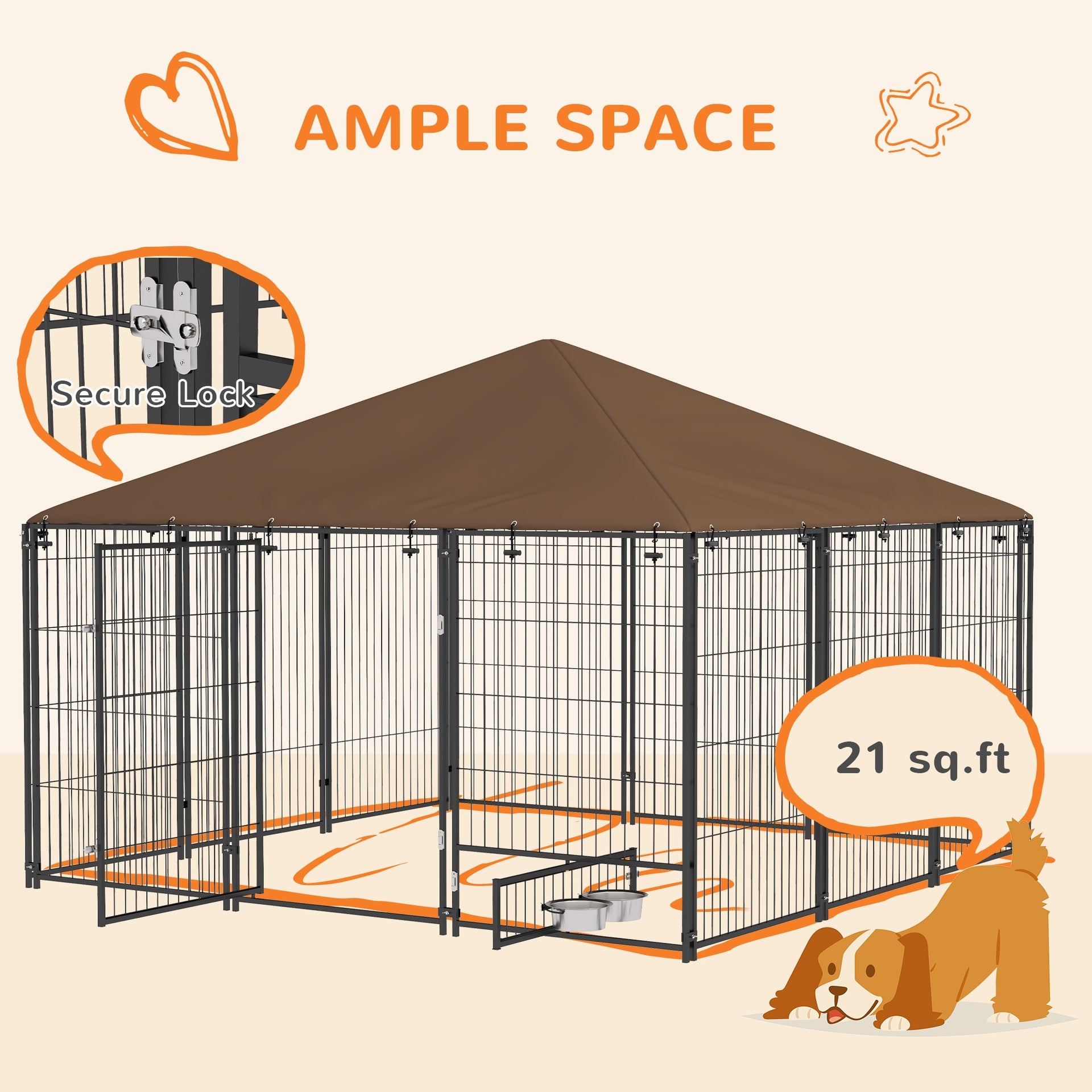 PawHut 6.9' x 6.9' x 5' Outdoor Dog Kennel with Canopy Garden Playpen Fence Crate Enclosure Cage Rotating Bowl, Coffee