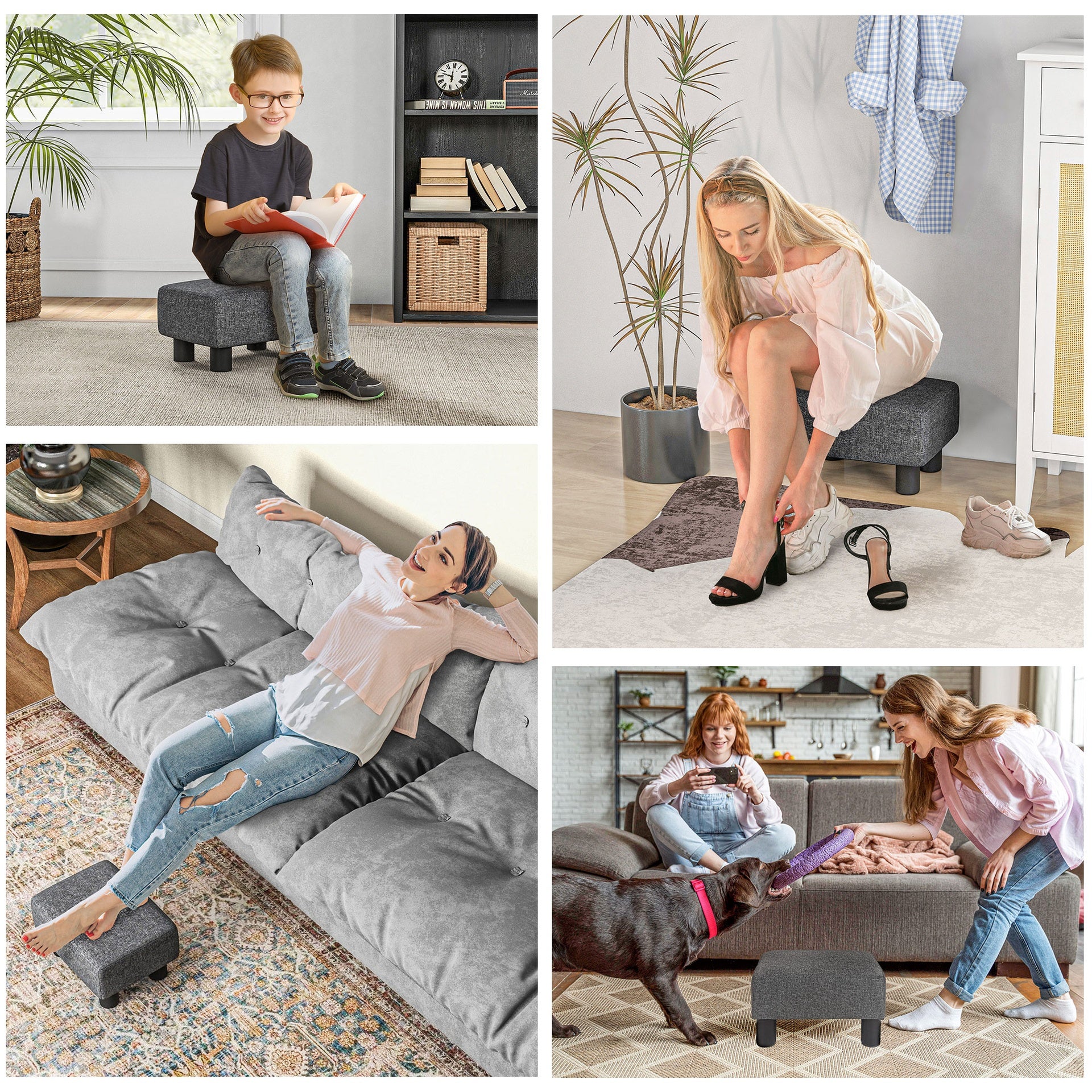 HOMCOM Small Ottoman Foot Rest, Foot Stool with Linen Fabric Upholstery and Plastic Legs, Cube Ottoman, Charcoal Gray