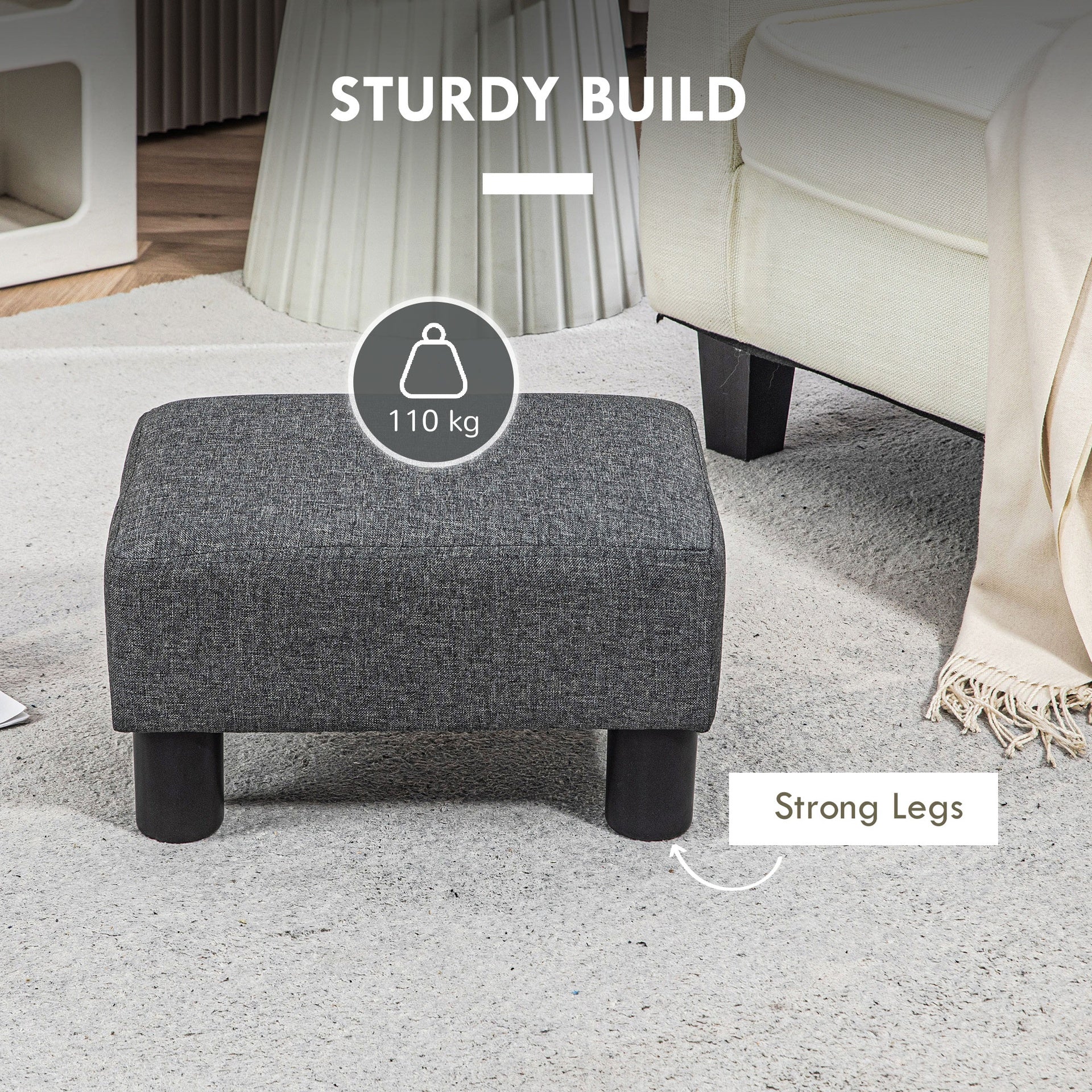 HOMCOM Small Ottoman Foot Rest, Foot Stool with Linen Fabric Upholstery and Plastic Legs, Cube Ottoman, Charcoal Gray