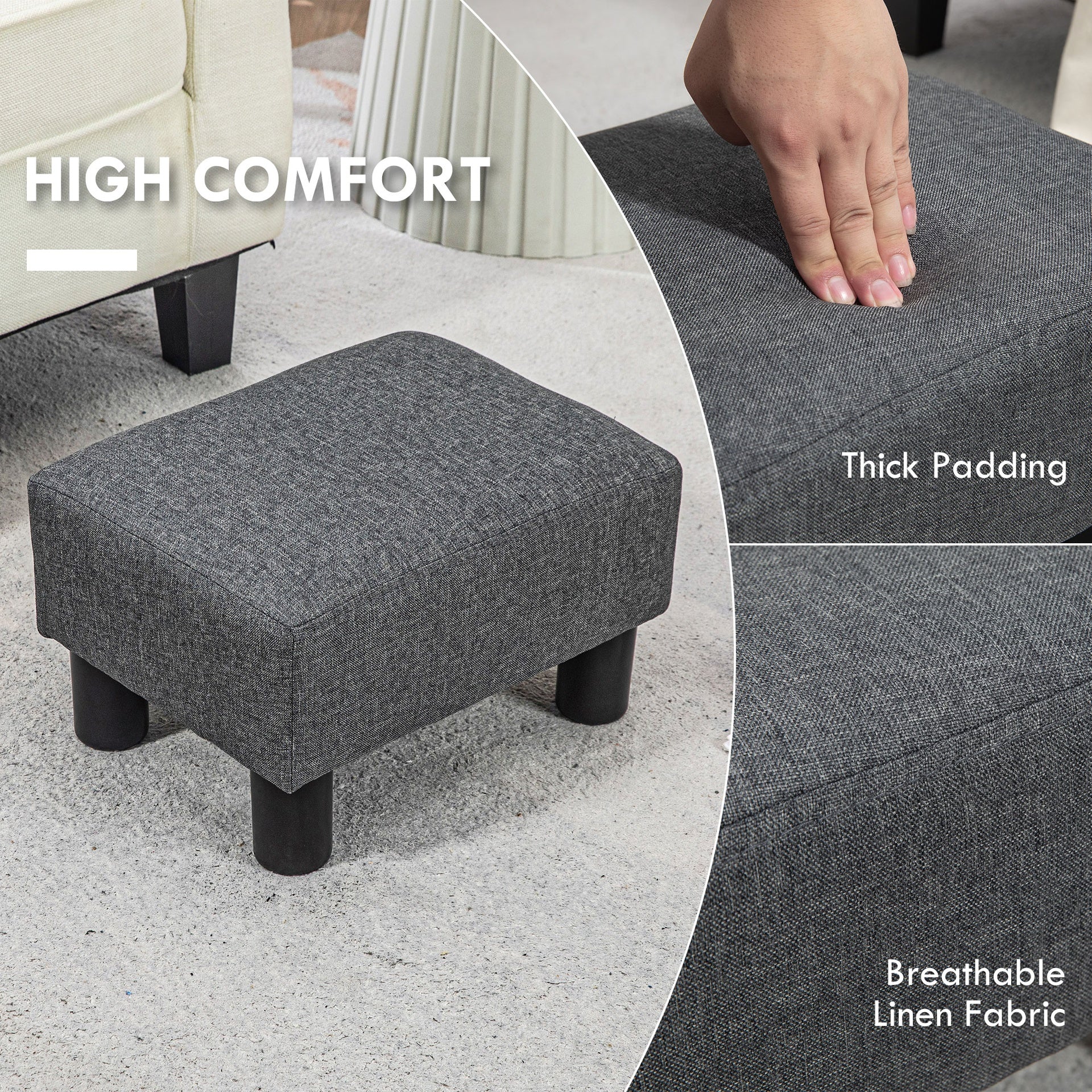 HOMCOM Small Ottoman Foot Rest, Foot Stool with Linen Fabric Upholstery and Plastic Legs, Cube Ottoman, Charcoal Gray