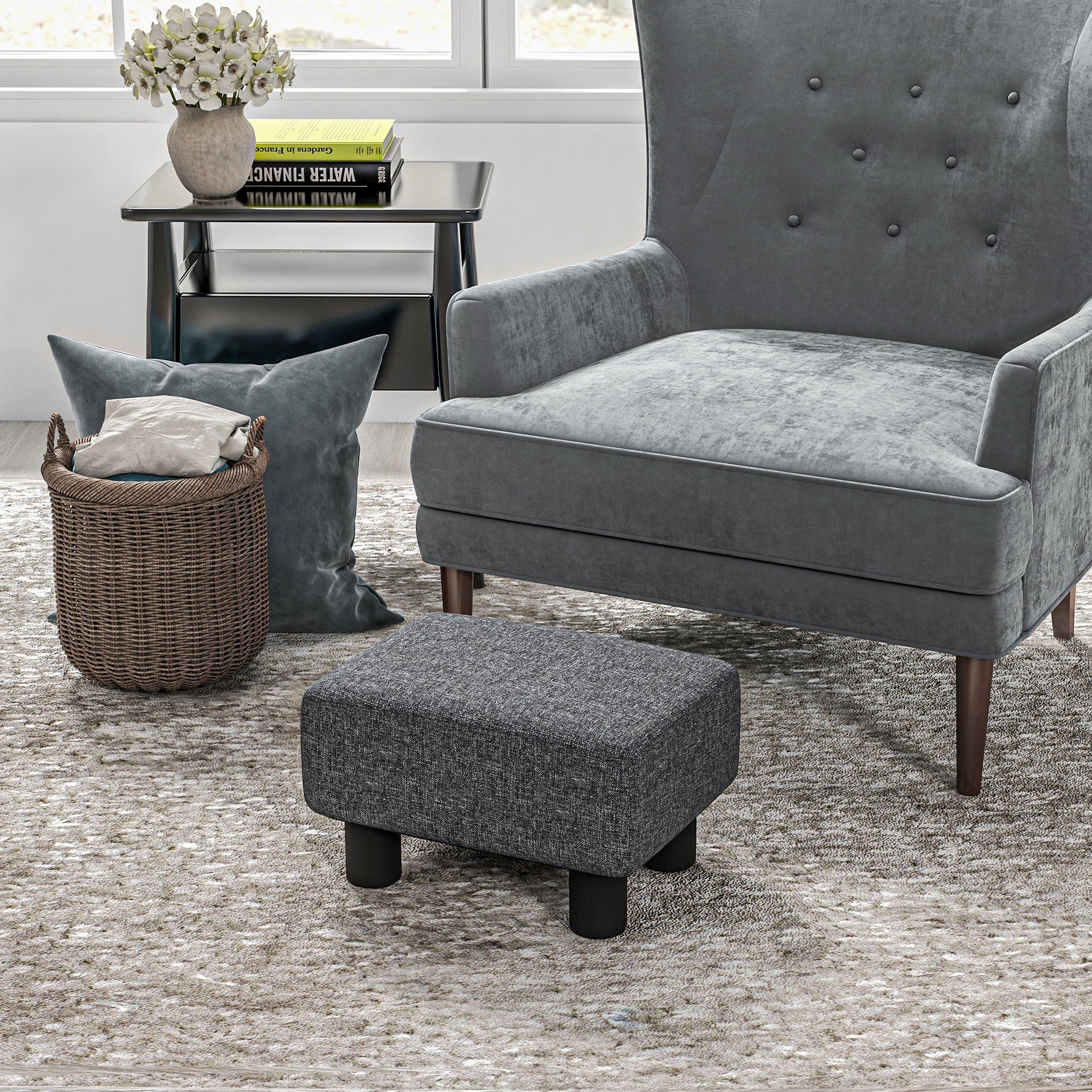 HOMCOM Small Ottoman Foot Rest, Foot Stool with Linen Fabric Upholstery and Plastic Legs, Cube Ottoman, Charcoal Gray