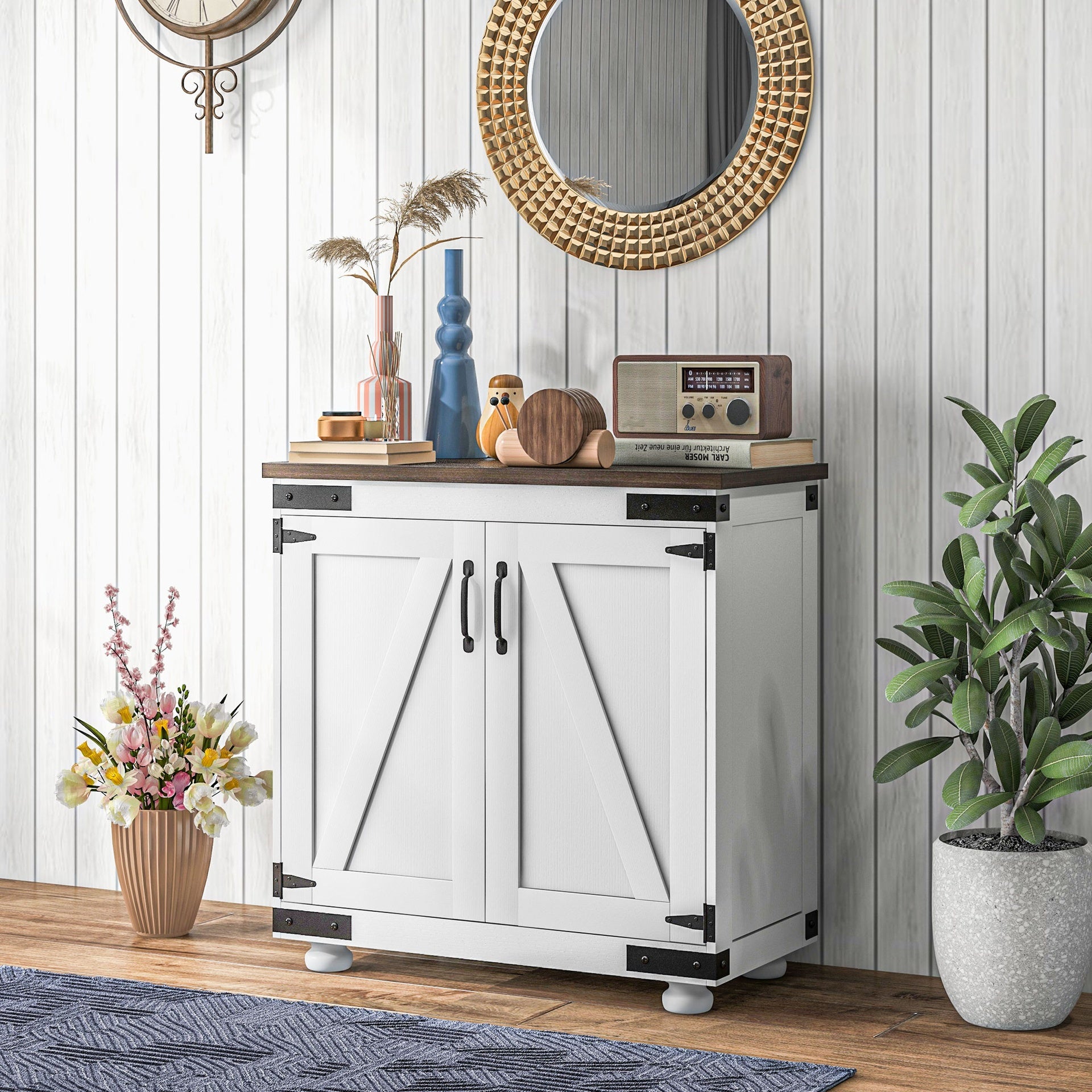HOMCOM Kitchen Sideboard, Buffet Cabinet with Barn Door and Adjustable Shelf, Distressed White