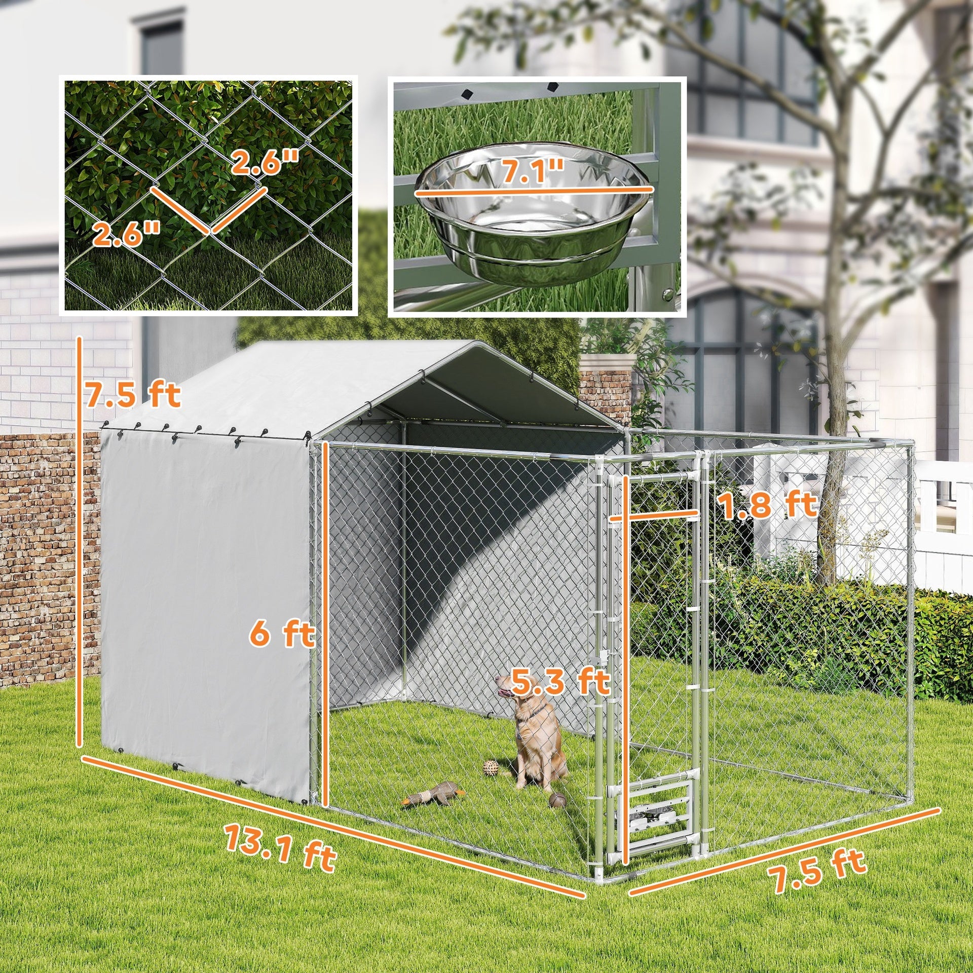 PawHut Galvanized Chain Link Large Outdoor Dog Kennel with Waterproof & UV-Resistant Cover, for M&L Dogs, 13.1' x 7.5' x 7.5'