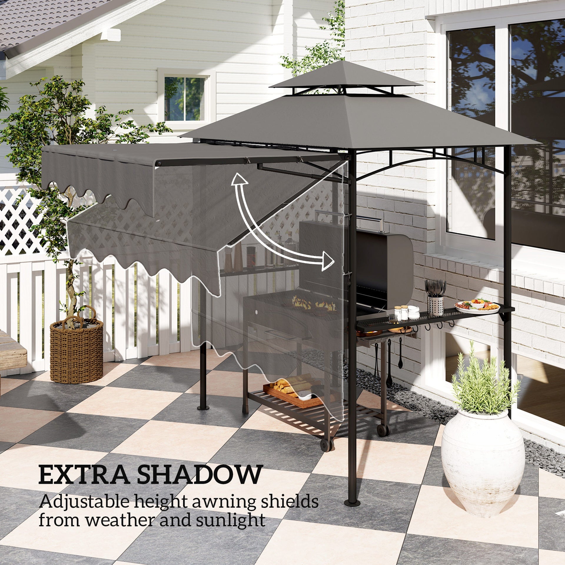 Outsunny 8' x 7.6' Outdoor Grill Gazebo, Barbecue Gazebo Shelter with Side Awning, 2 Side Shelves and 6 Hooks, Dark Gray