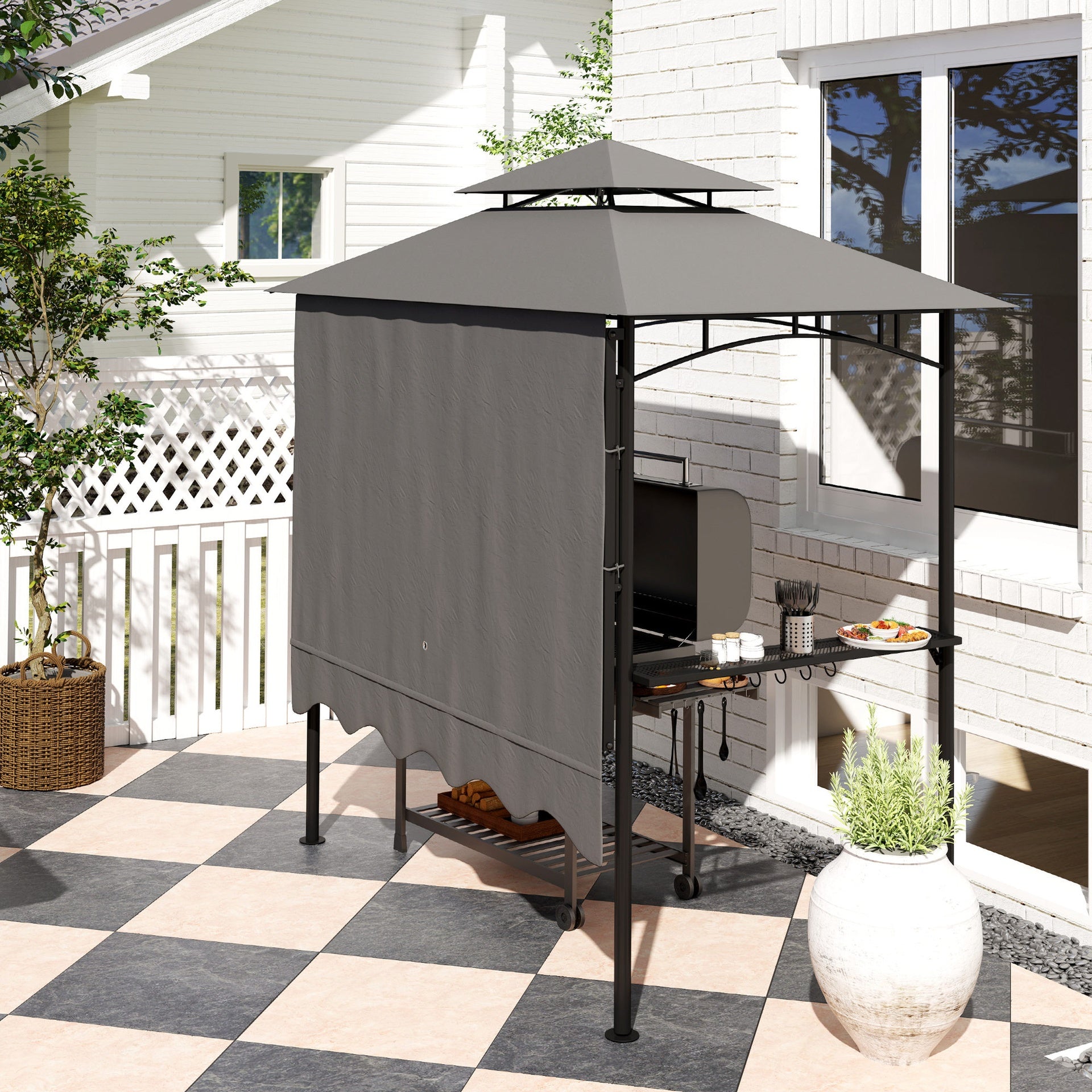 Outsunny 8' x 7.6' Outdoor Grill Gazebo, Barbecue Gazebo Shelter with Side Awning, 2 Side Shelves and 6 Hooks, Dark Gray