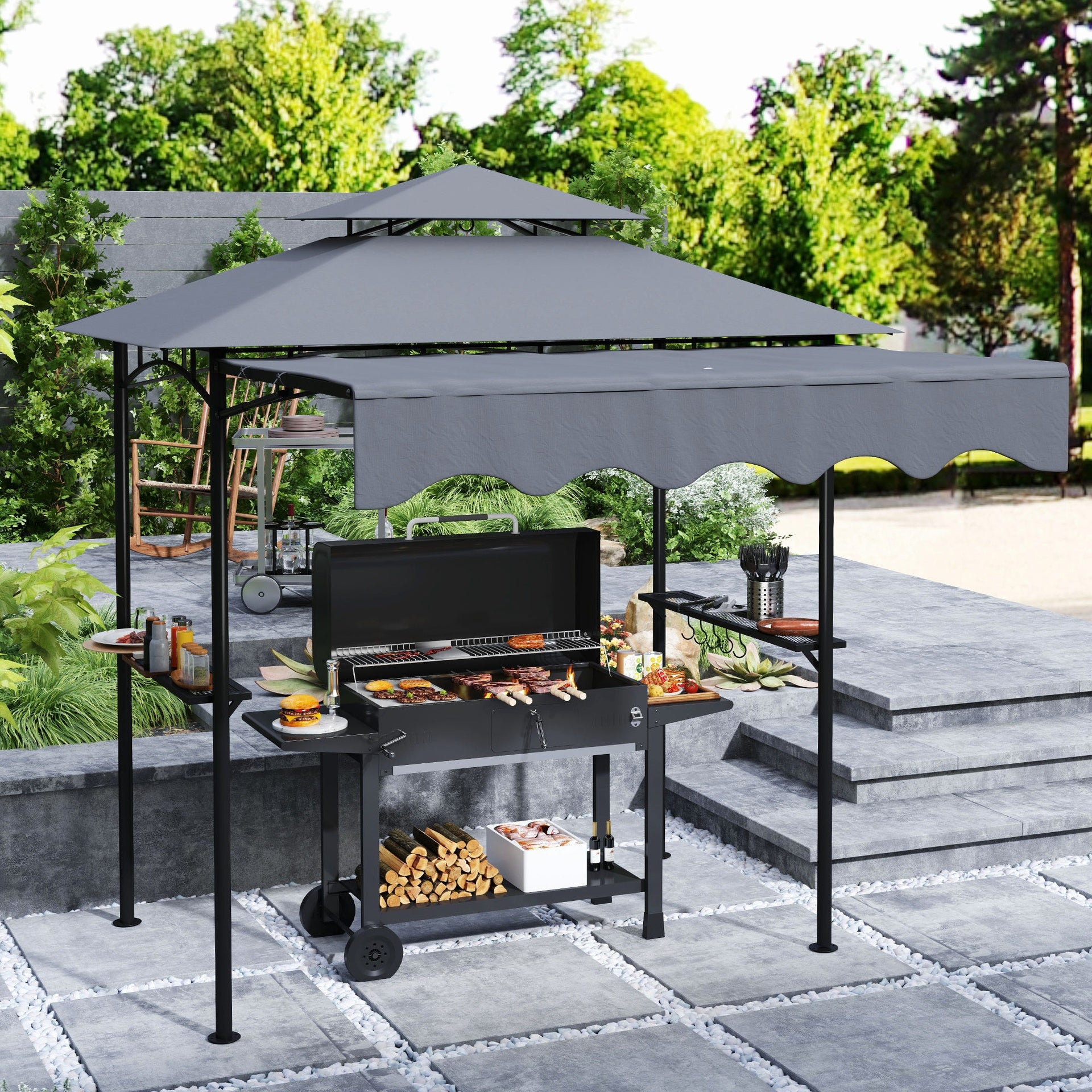 Outsunny 8' x 7.6' Outdoor Grill Gazebo, Barbecue Gazebo Shelter with Side Awning, 2 Side Shelves and 6 Hooks, Dark Gray