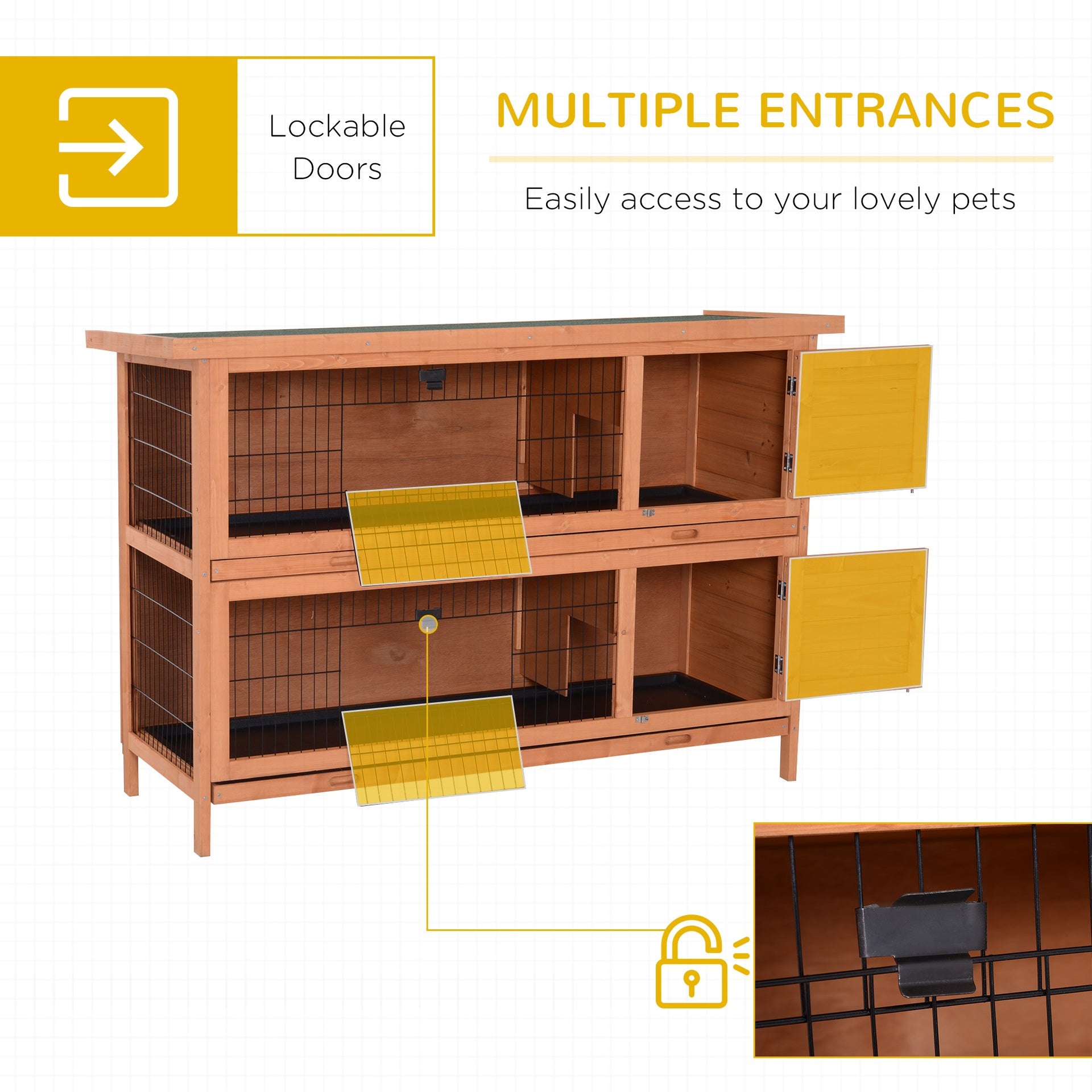 PawHut 54" 2-Story Large Rabbit Hutch Bunny Cage Wooden Pet House Small Animal Habitat Lockable Doors, Tray, Roof, Orange