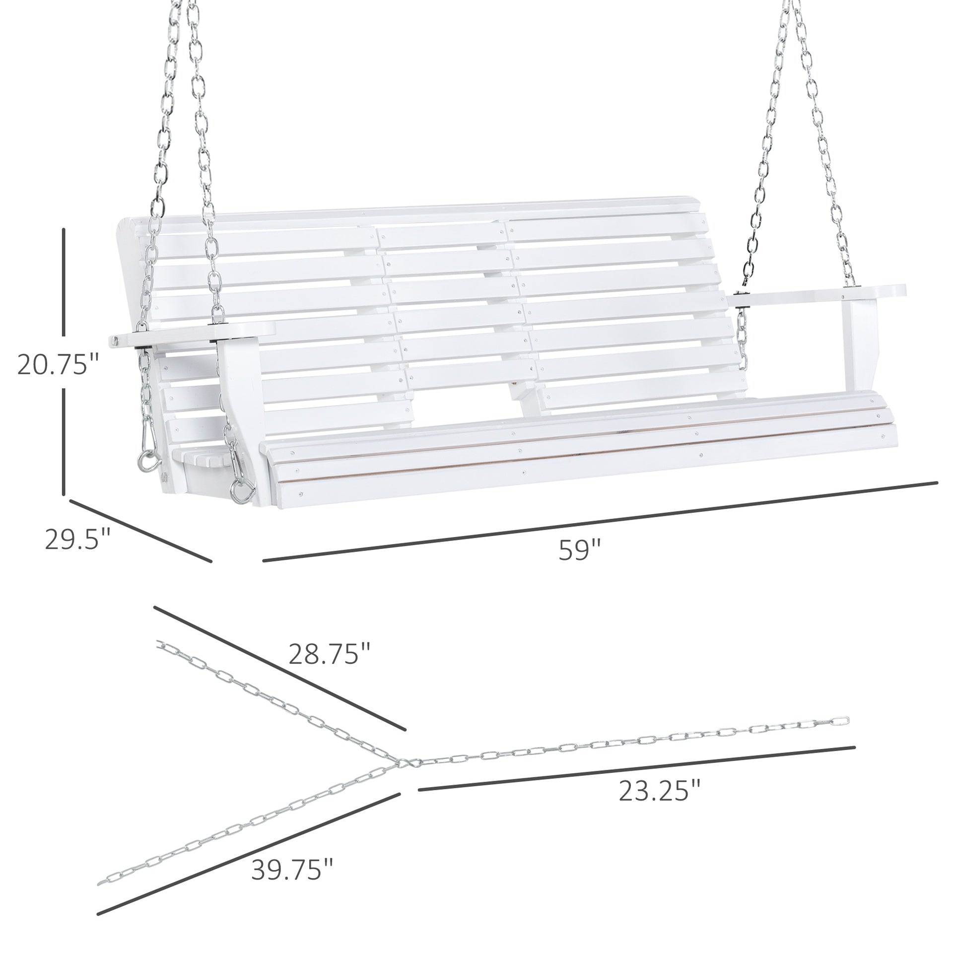 Outsunny 3-Seater Wooden Porch Swing, Patio Swing Bench with Folding Coffee Table, Cup Holders and Chains Included, 440lbs Weight Capacity, White