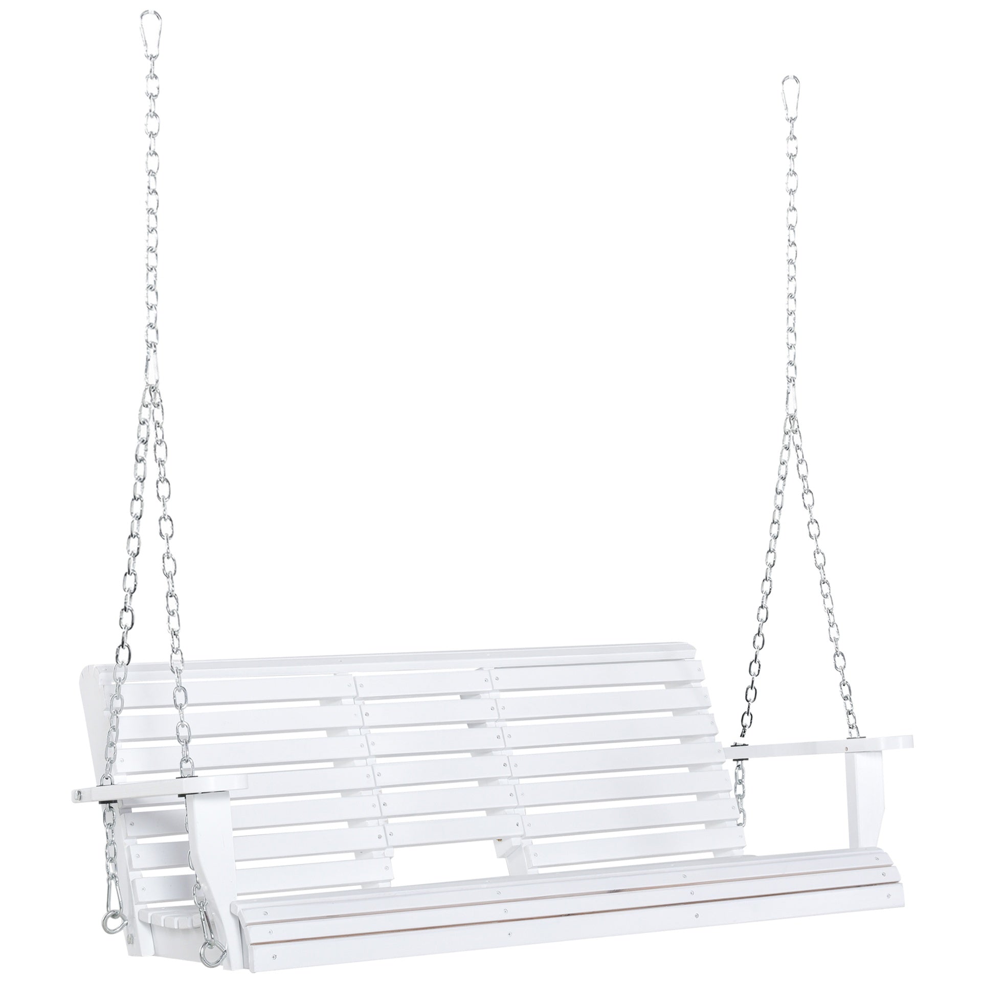 Outsunny 3-Seater Wooden Porch Swing, Patio Swing Bench with Folding Coffee Table, Cup Holders and Chains Included, 440lbs Weight Capacity, White