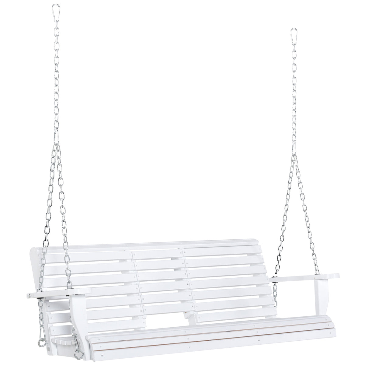 Outsunny 3-Seater Wooden Porch Swing, Patio Swing Bench with Folding Coffee Table, Cup Holders and Chains Included, 440lbs Weight Capacity, White